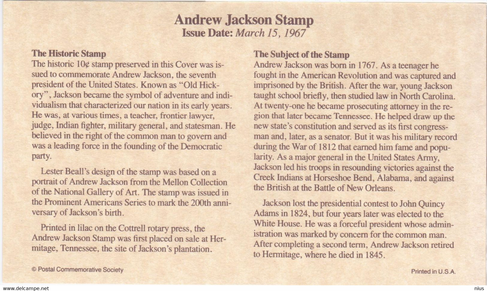 USA United States 1992 Andrew Jackson, The Historic Stamp 1967 - 1991-2000