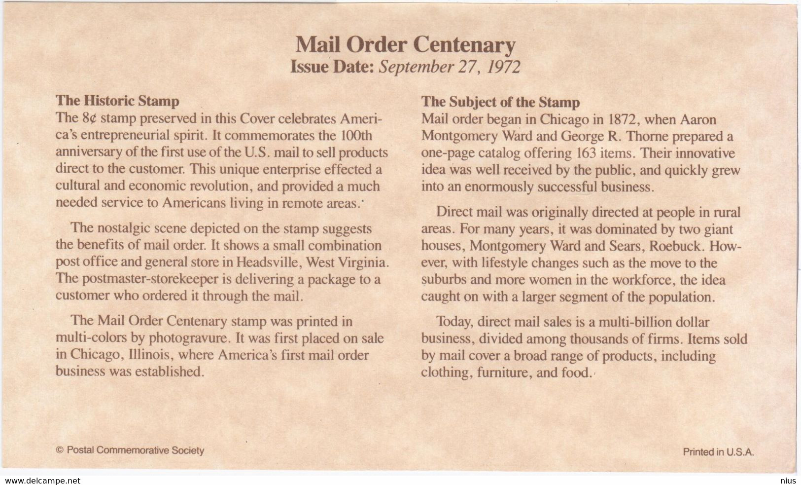 USA United States 1992 Mail Order Centenary, The Historic Stamp 1972 - 1991-2000