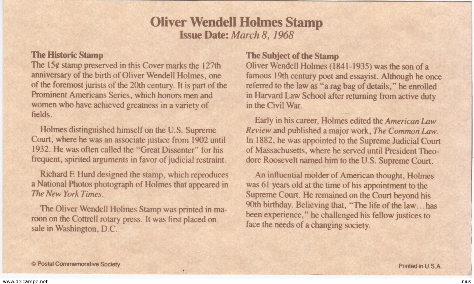 USA United States 1992 Oliver Wendell Holmes, The Historic Stamp 1968 - 1991-2000