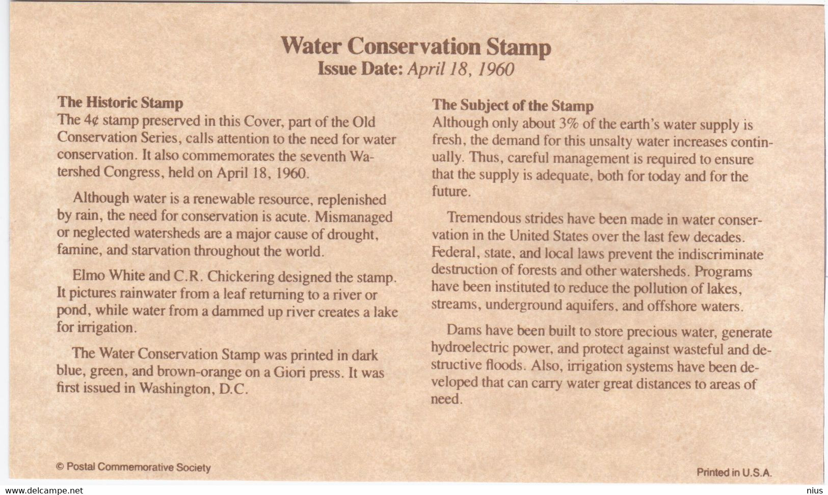 USA United States 1992 Water Conservation, The Historic Stamp 1960 - 1991-2000