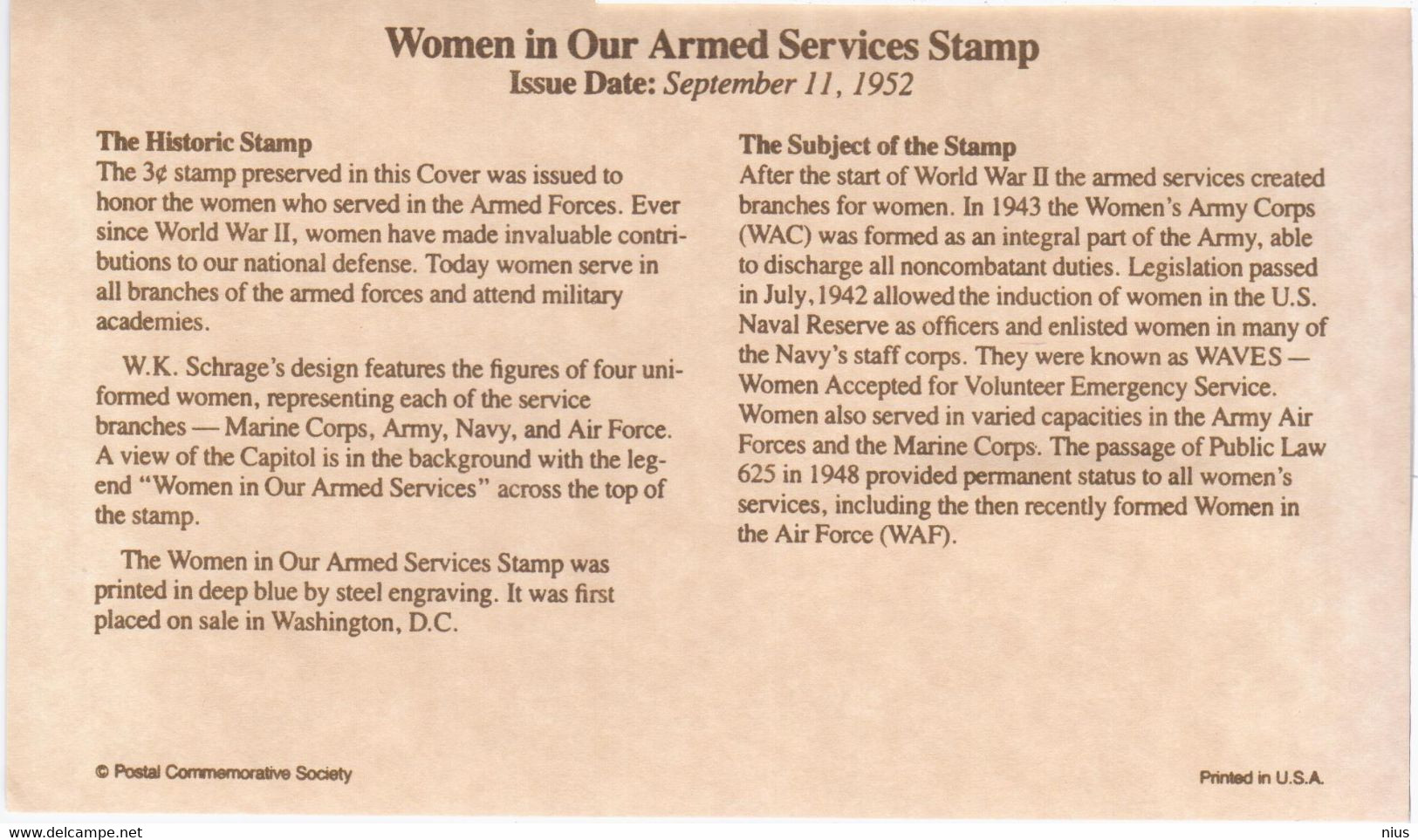 USA United States 1992 Women In Our Armed Services, The Historic Stamp 1952 - 1991-2000