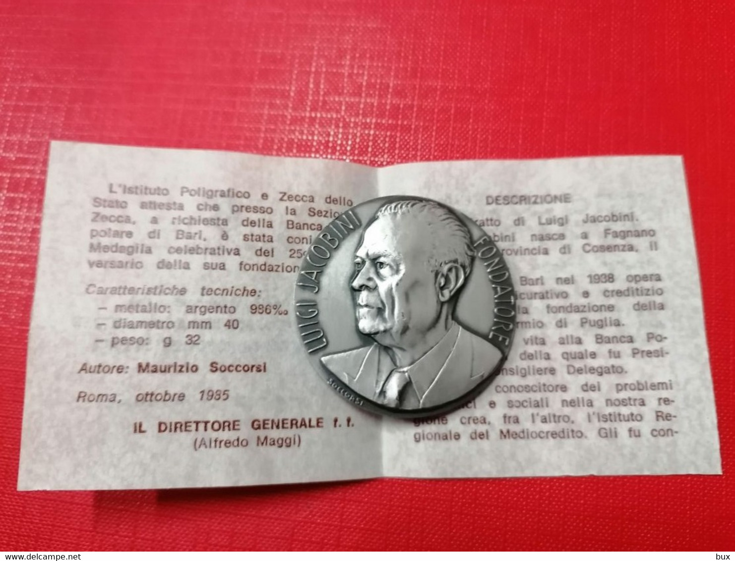 Medaglia 25°FONDAZIONE BANCA POPOLARE DI BARI LUIGI JACOBINI - Ag 986 32gr Ø40mm  MEDAGLIA  MED - Professionnels/De Société