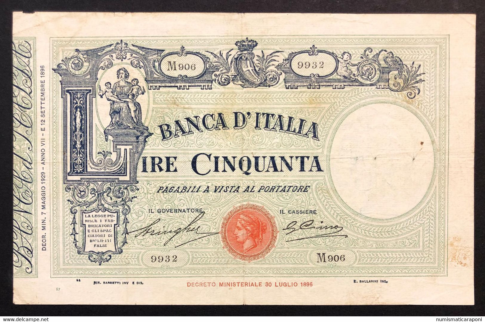 50 Lire Matrice Laterale Fascio 07 05 1929 Piccola Mancanza E Forellino Centrale Ma Bella Carta Naturale  LOTTO 879 - 50 Liras