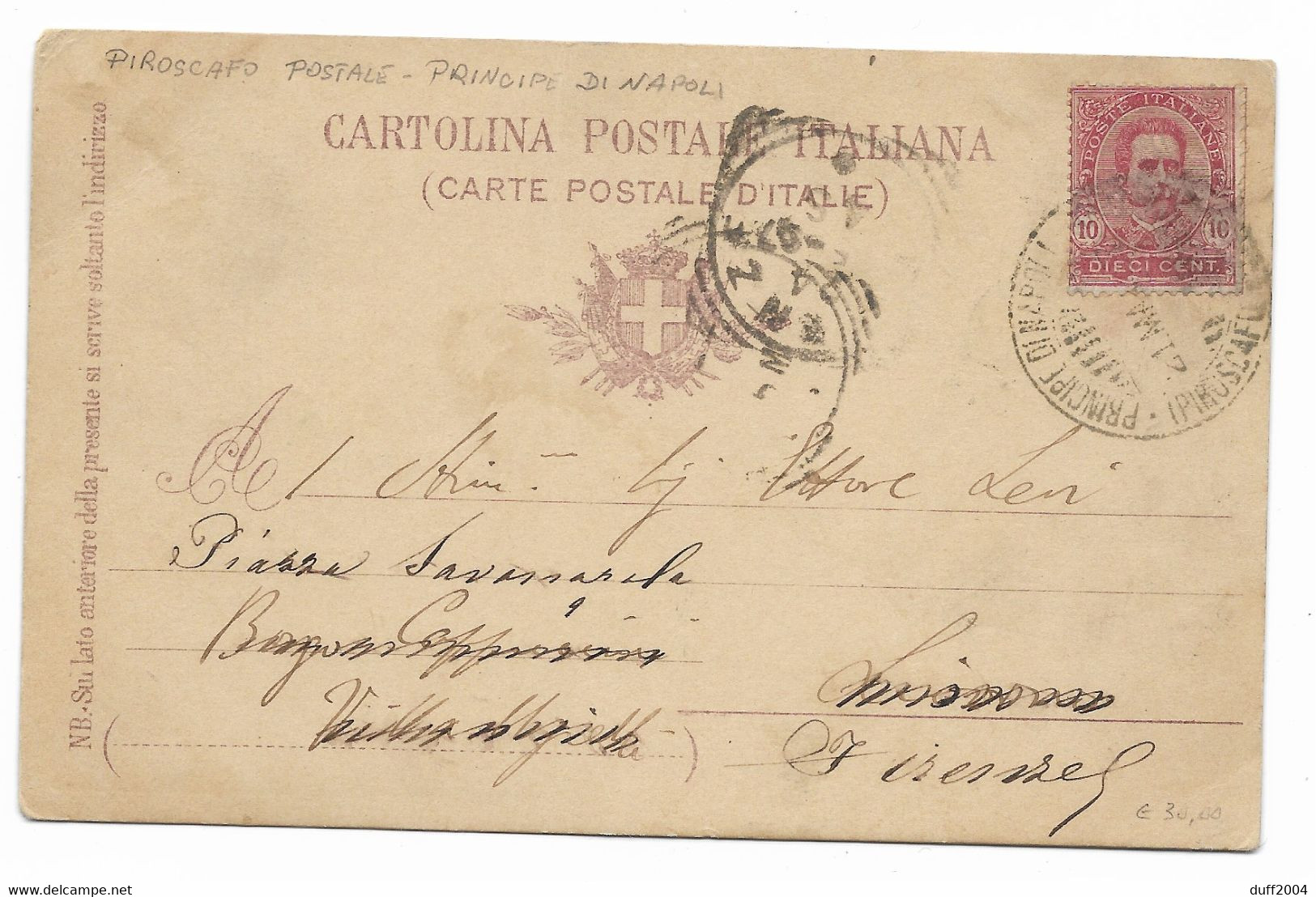 VIA DI MARE - DA CAPRI A FIRENZE - 21.3.1897 - PIROSCAFO POSTALE PRINCIPI DI NAPOLI. - Marcofilía