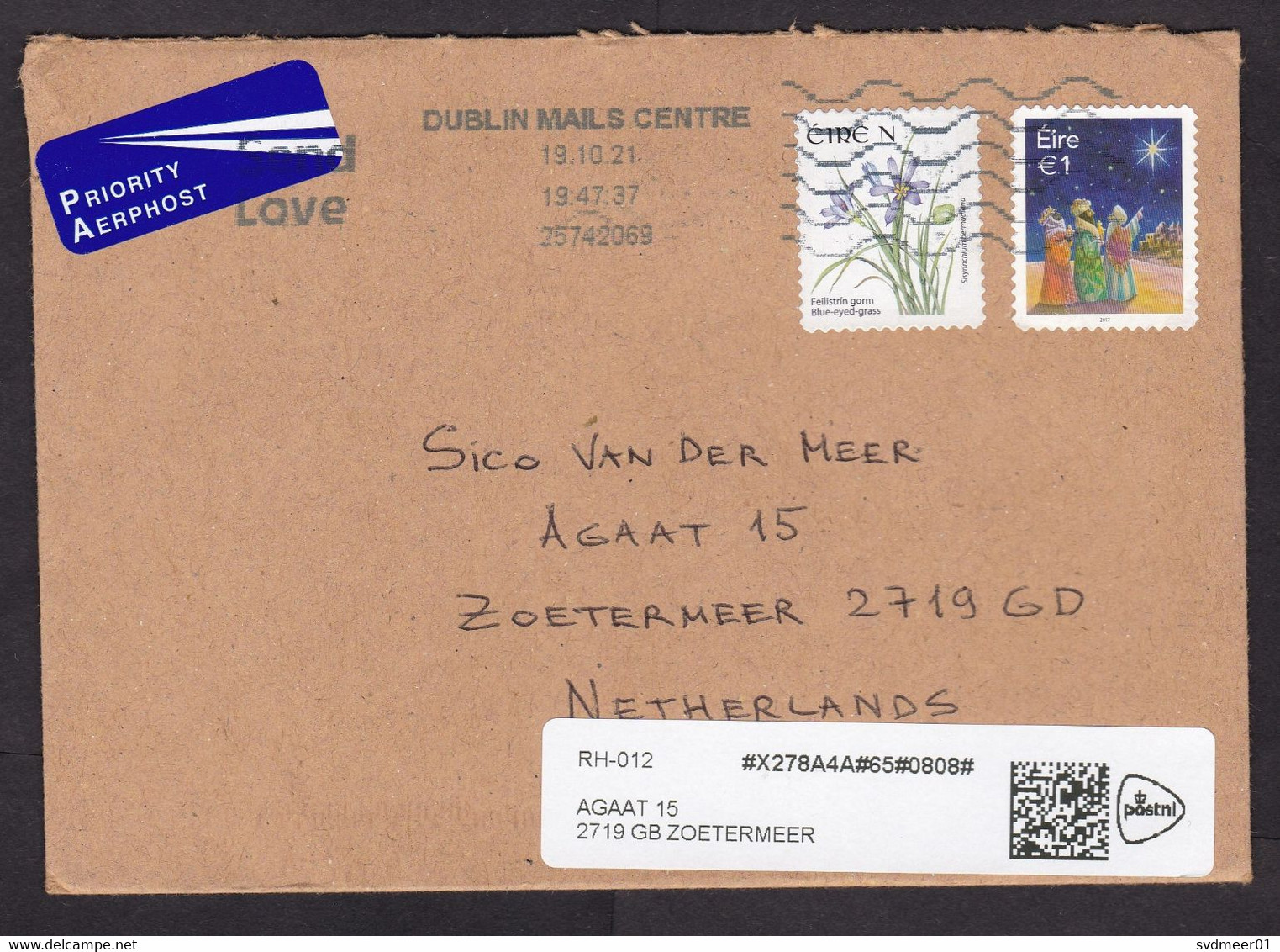 Ireland: Airmail Cover To Netherlands, 2021, 2 Stamps, Flower, Christmas Star, Sorting Label (minor Damage) - Brieven En Documenten