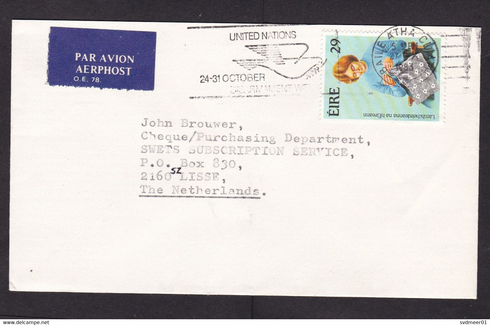 Ireland: Airmail Cover To Netherlands, 1983, 1 Stamp, Textile Crafts, Lady, Air Label (minor Crease) - Cartas & Documentos