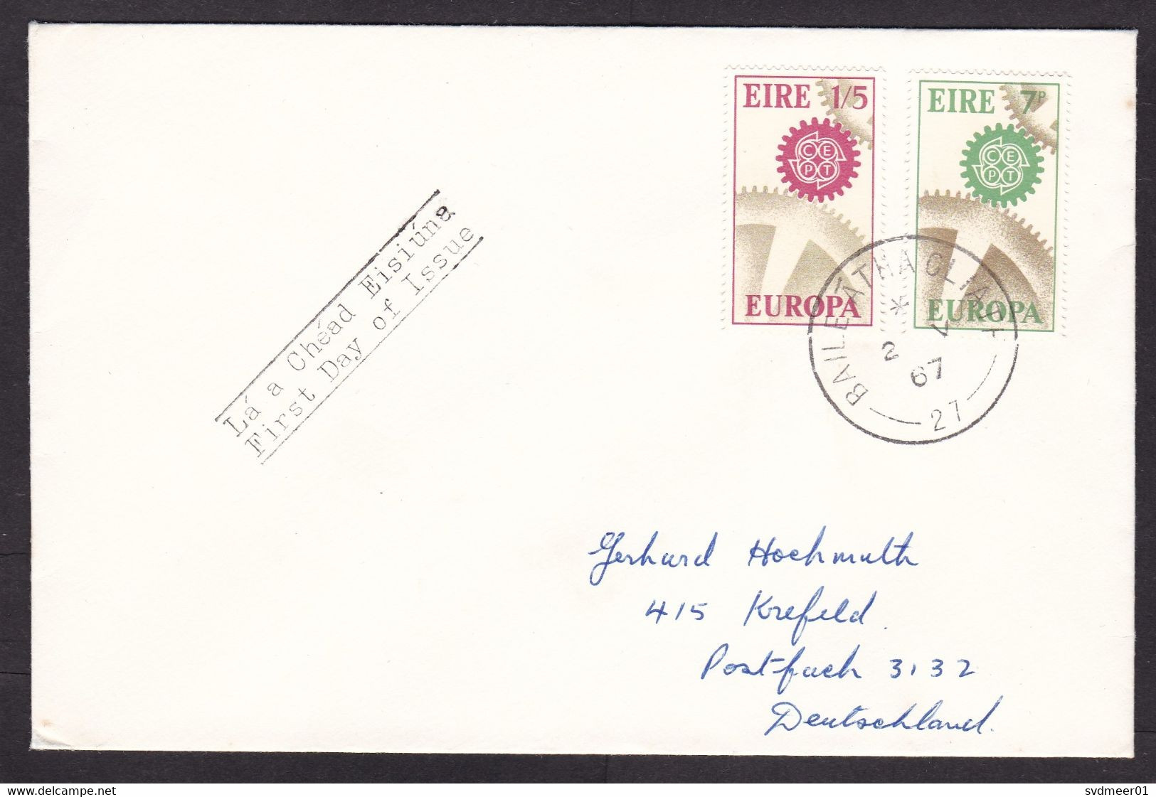 Ireland: FDC First Day Cover To Germany, 1967, 2 Stamps, CEPT, Europa, Europe, Logo (traces Of Use) - Lettres & Documents