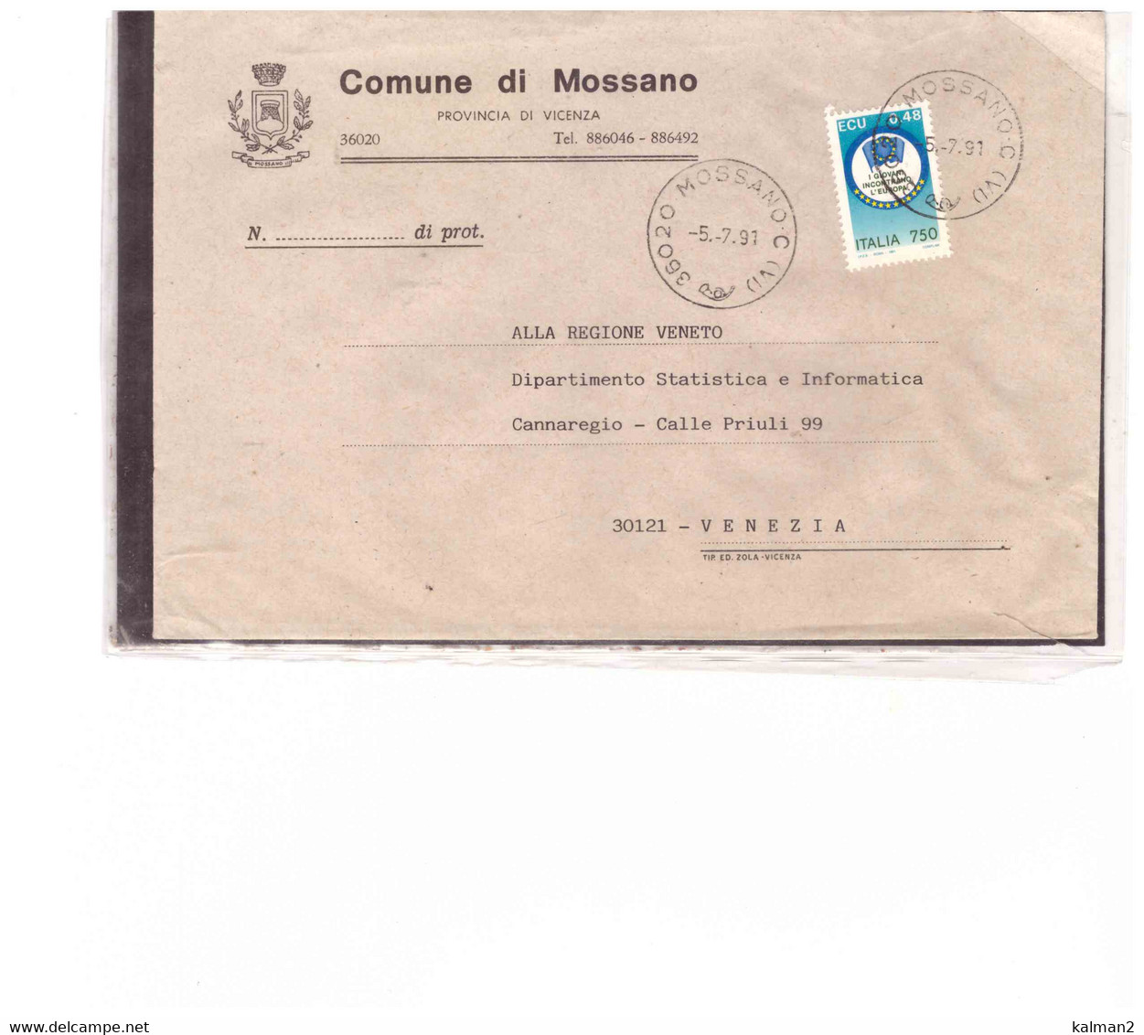 TEM15687  -  MOSSANO 5.7.1991  /  LETTERA AFFRANCATA CON L. 750  E.C.U.   ISOLATO - 1991-00: Storia Postale