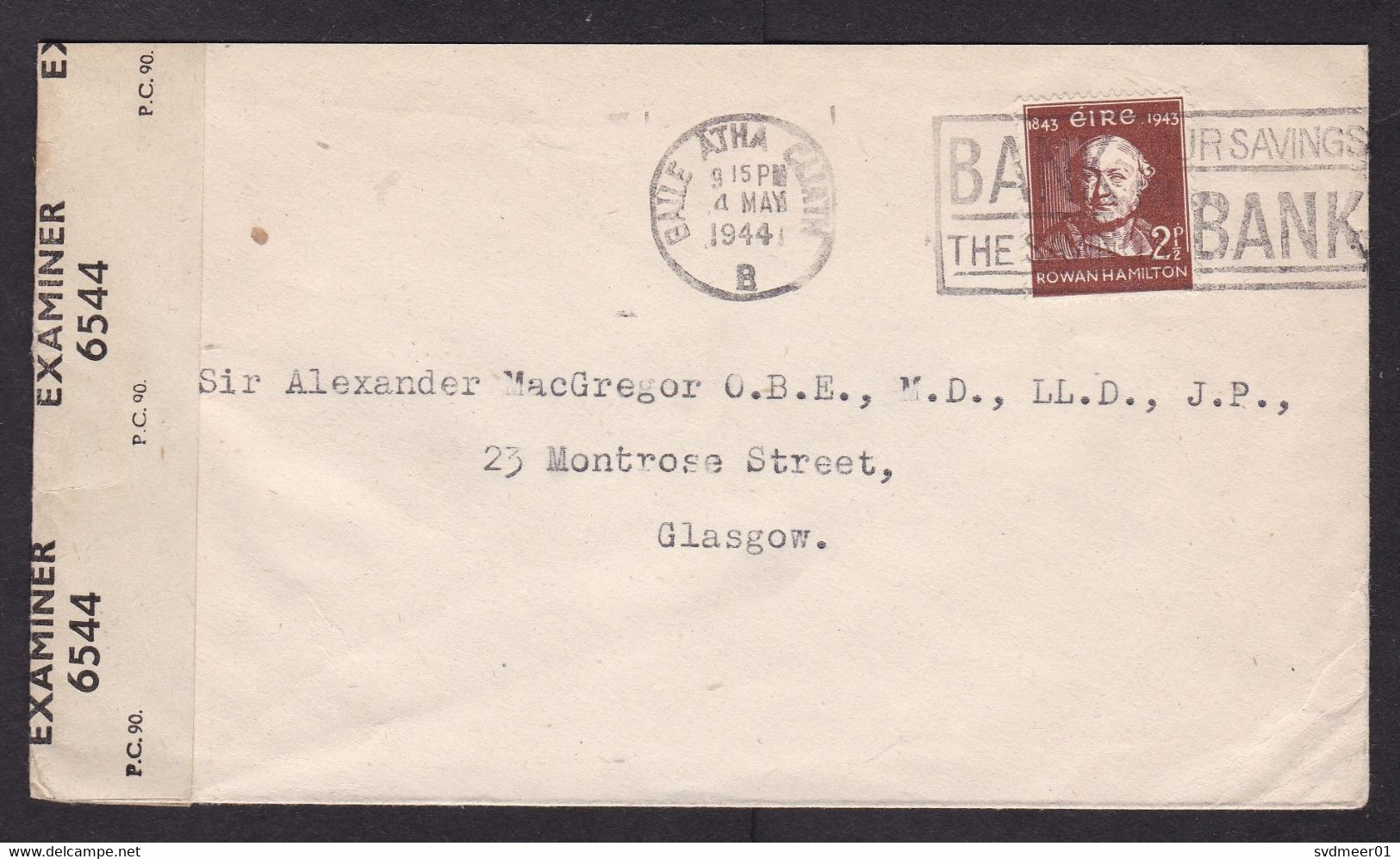 Ireland: Cover To UK, 1944, 1 Stamp, Rowan Hamilton, Censored, Censor Label, World War 2, WW2 (traces Of Use) - Brieven En Documenten