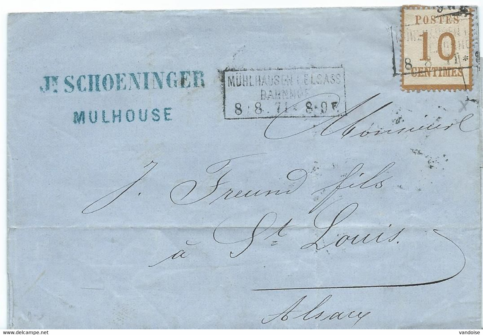 LETTRE 1871  AVEC UN TIMBRE D'OCCUPATION A 10 CT BURELAGE RENVERSE ET CACHET  DE MÜHLHAUSEN BAHNHOF - Covers & Documents