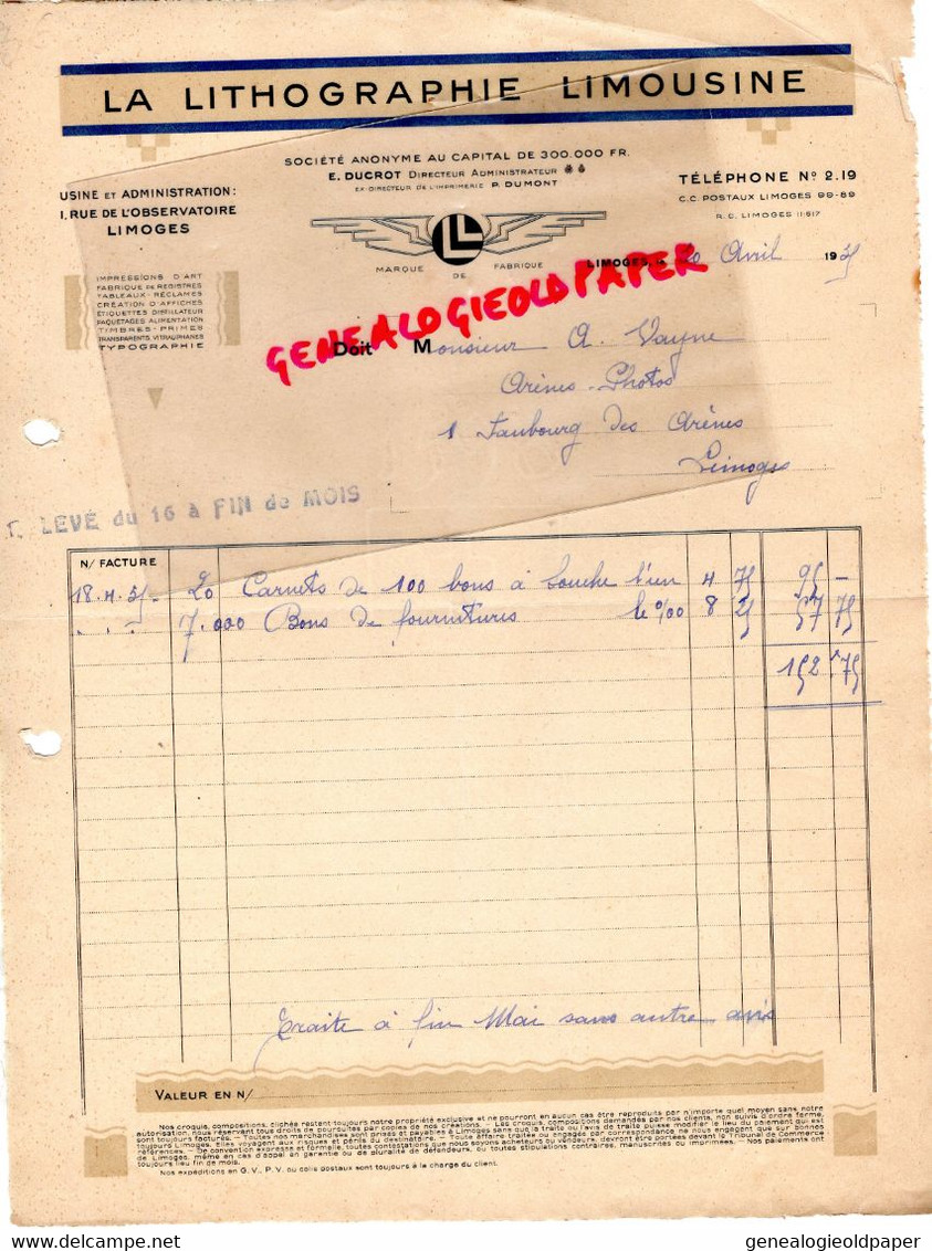 87- LIMOGES- RARE FACTURE IMPRIMERIE LA LITHOGRAPHIE LIMOUSINE-E. DUCROT- P. DUMONT-1 RUE OBSERVATOIRE- 1935 - Druck & Papierwaren
