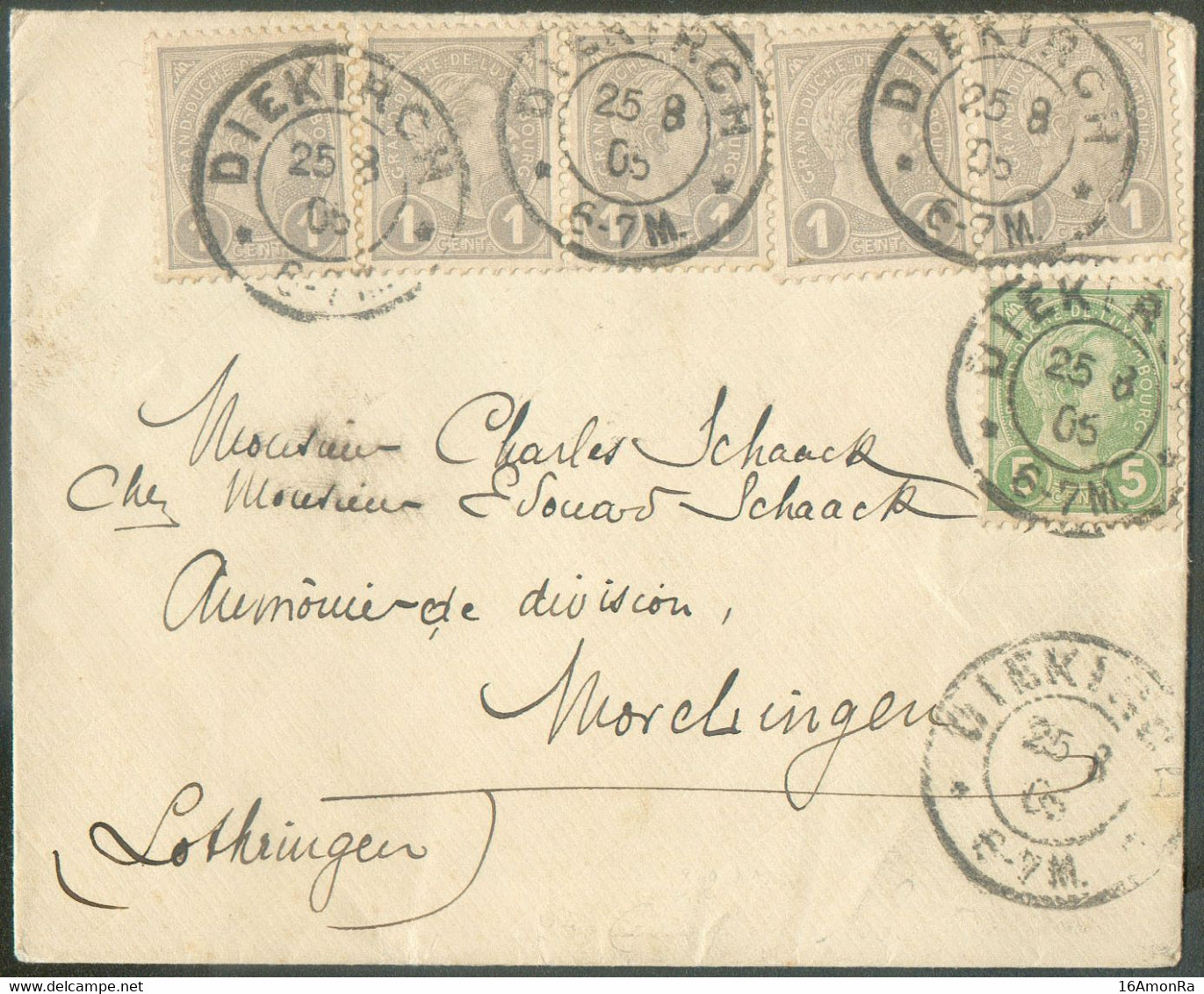 Adolphe 1centime Gris (x5) + 5c. Vert Obl; Dc DIEKIRCH Sur Enveloppe Du 25-8 1905 Vers Charles SCHAACK Aumonier Militair - 1895 Adolphe Right-hand Side