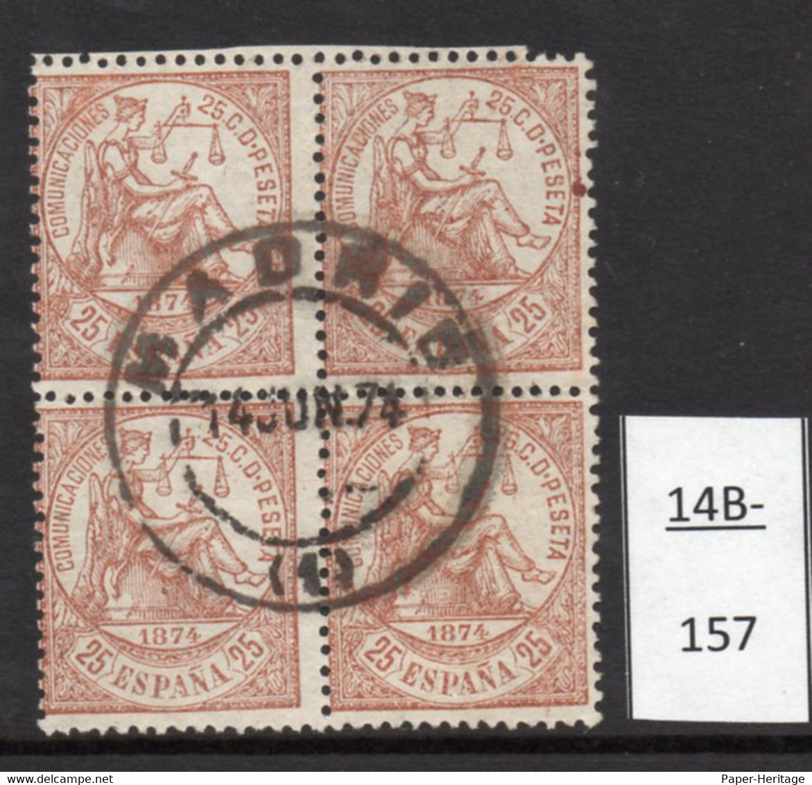 Spain Espana 1874 25c Block/4 Postmarked 2 Weeks BEFORE ISSUE. - Oblitérés