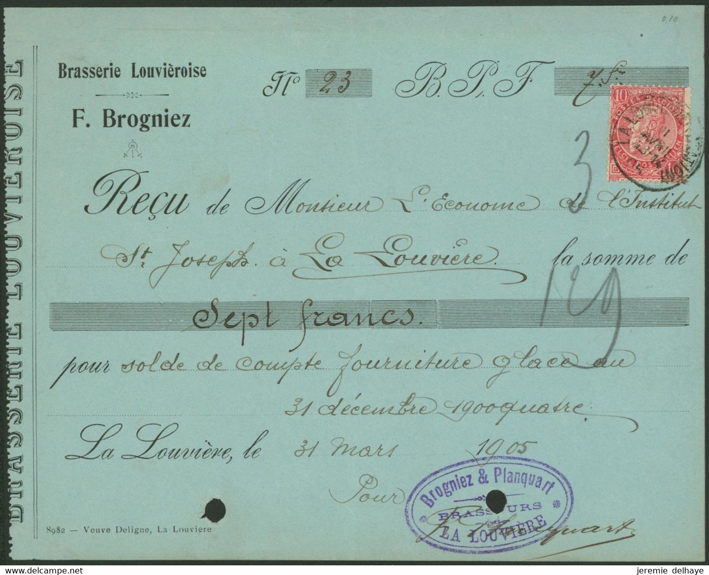 Belgique - N°58 Sur Facture + Grosse "charnière" Sur Support Noir : Brasserie F. Brogniez (La Louvière) - 1900 – 1949