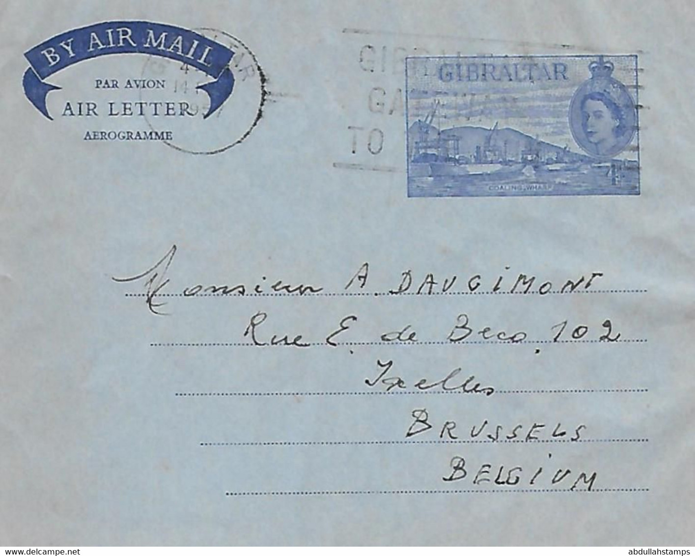 GIBRALTAR  1957 QUEEN ELIZABETH -11 AIRMAIL AEROGRAM / AEROGRAMME TO BELGIUM. - Gibraltar