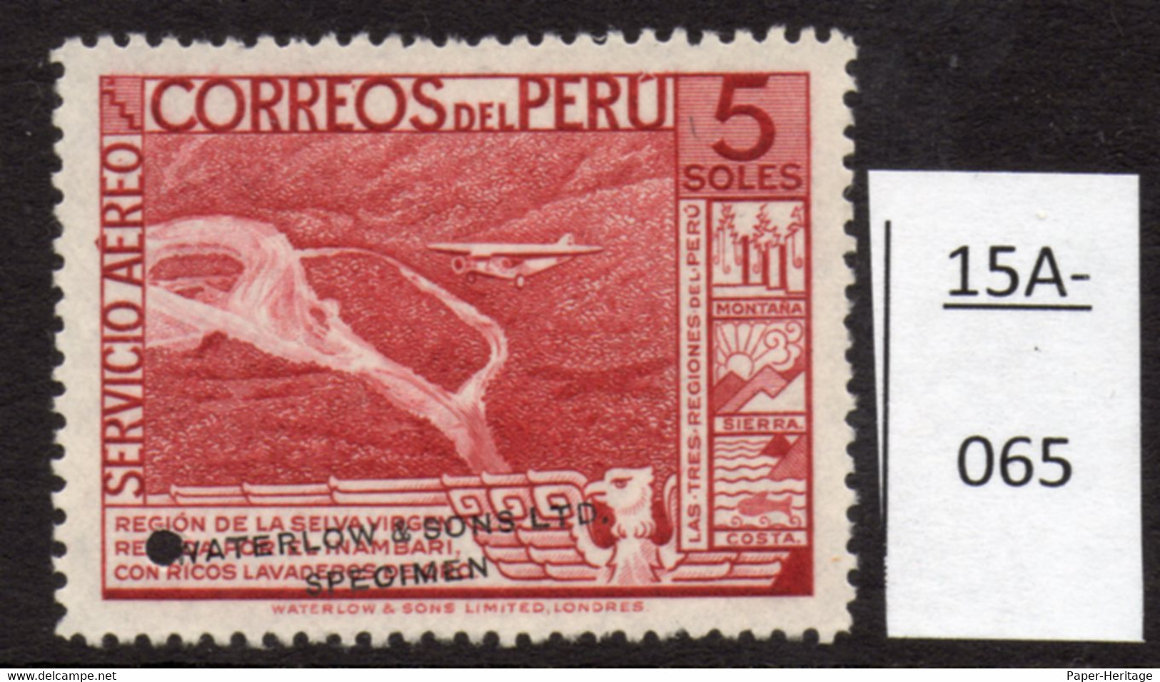 1936 Airmail 5S Aircraft Waterlow Salesmen's Proof / Specimen In Unissued Colour. Mint No Gum - Perú
