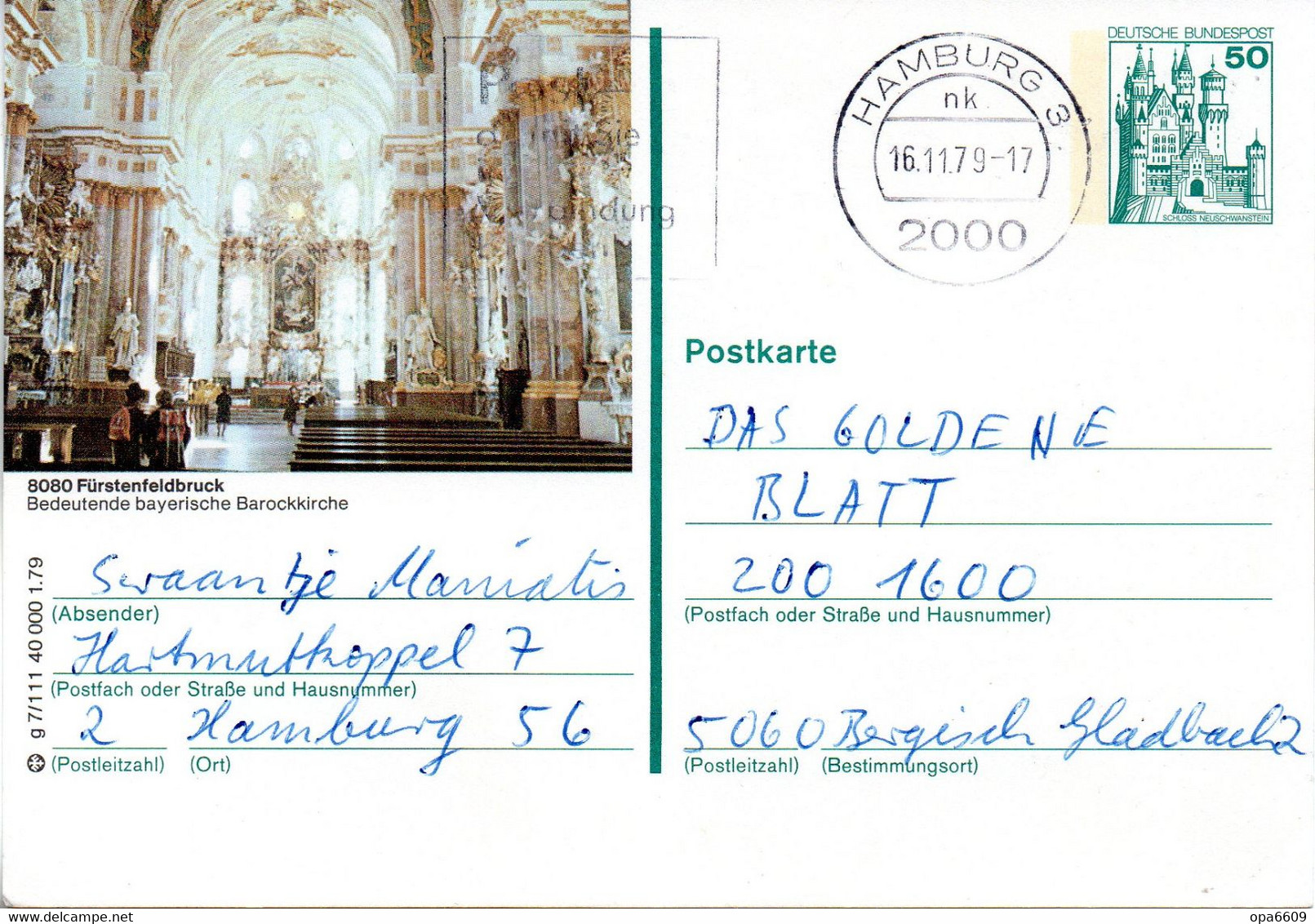 (BP)BRD Bildpostk.Wz50(Pf) Blaugrün "Schloß Neuschwanstein" P129 G7/111 "8080 Fürstenfeldbruck" TST 16.11.79 HAMBURG - Illustrated Postcards - Used