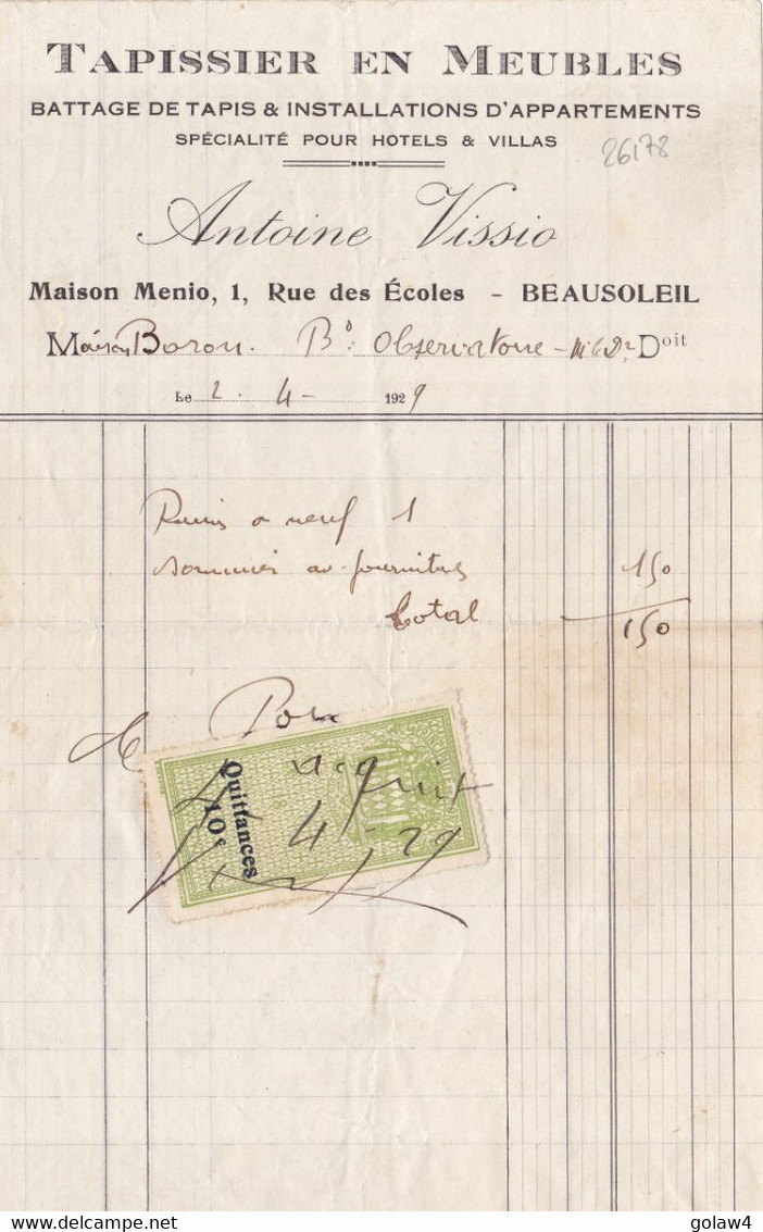 26178# MONACO TIMBRE FISCAL QUITTANCES FACTURE TAPISSIER ANTOINE VISSIO BEAUSOLEIL 1929 - Fiscaux