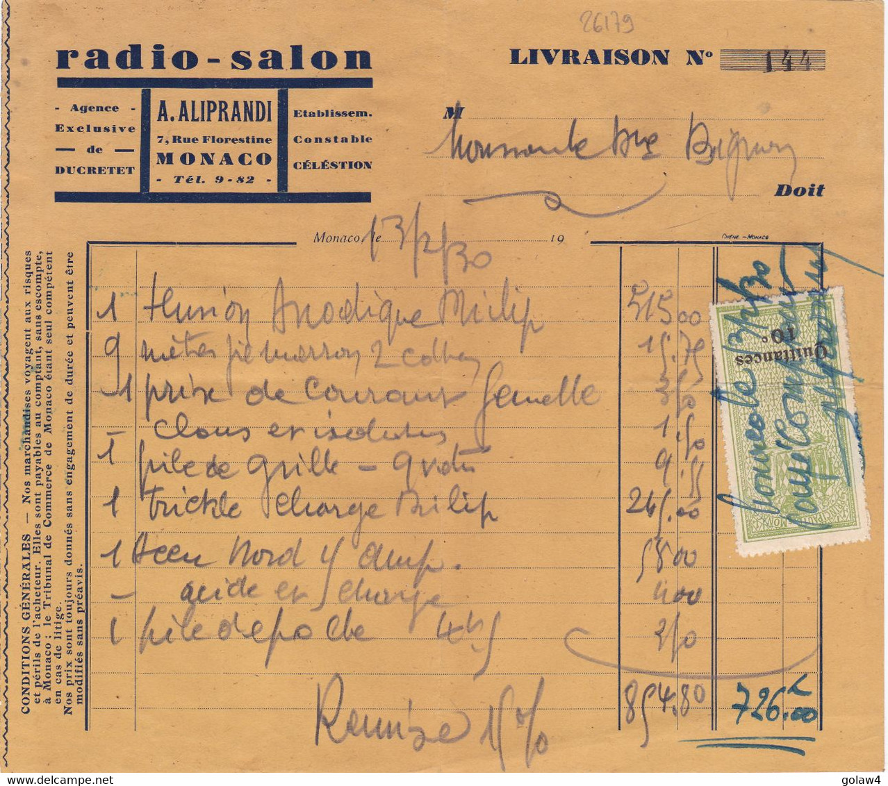 26179# MONACO TIMBRE FISCAL QUITTANCES RADIO SALON ALIPRANDI 1930 FACTURE 7 RUE FLORESTINE - Steuermarken