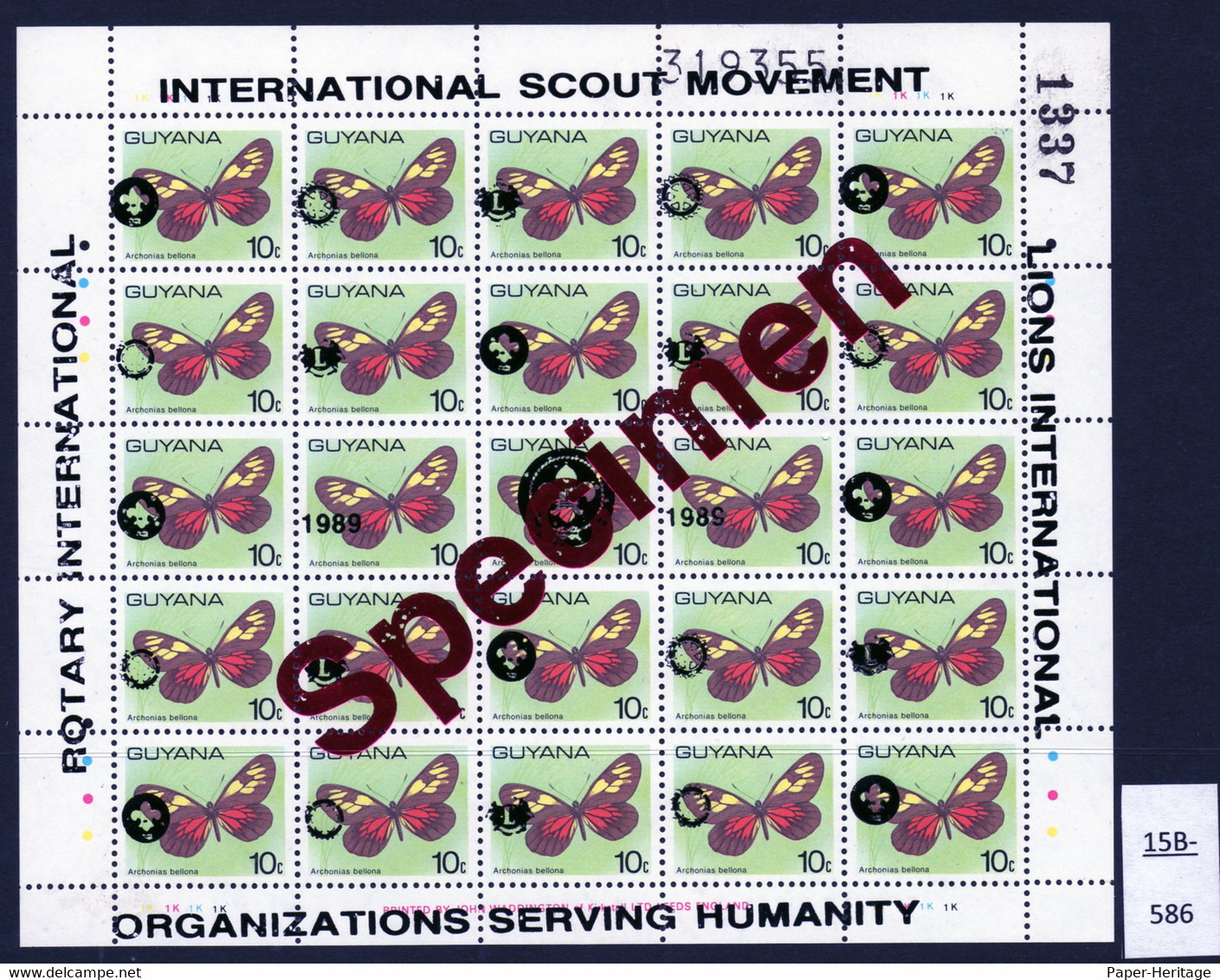 Guyana 1989 Sheet/25 MNH Butterflies Optd Specimen : Lions International, Rotary & Scouts : 10c BLACK Opt - Guyana (1966-...)