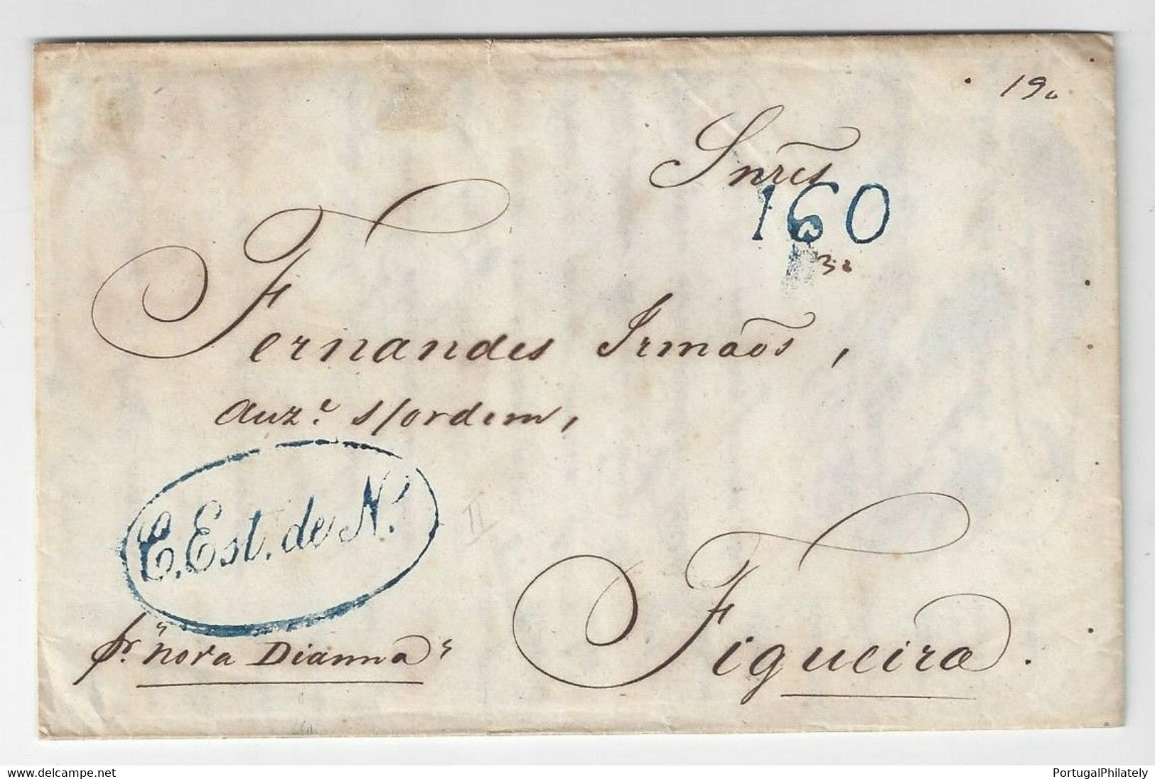 PORTUGAL 1842 "C. Est. De N." In Blue From PARÁ (Brasil) To FIGUEIRA Rate 160+30 Manuscript Reis Pre-philatelique - ...-1853 Préphilatélie