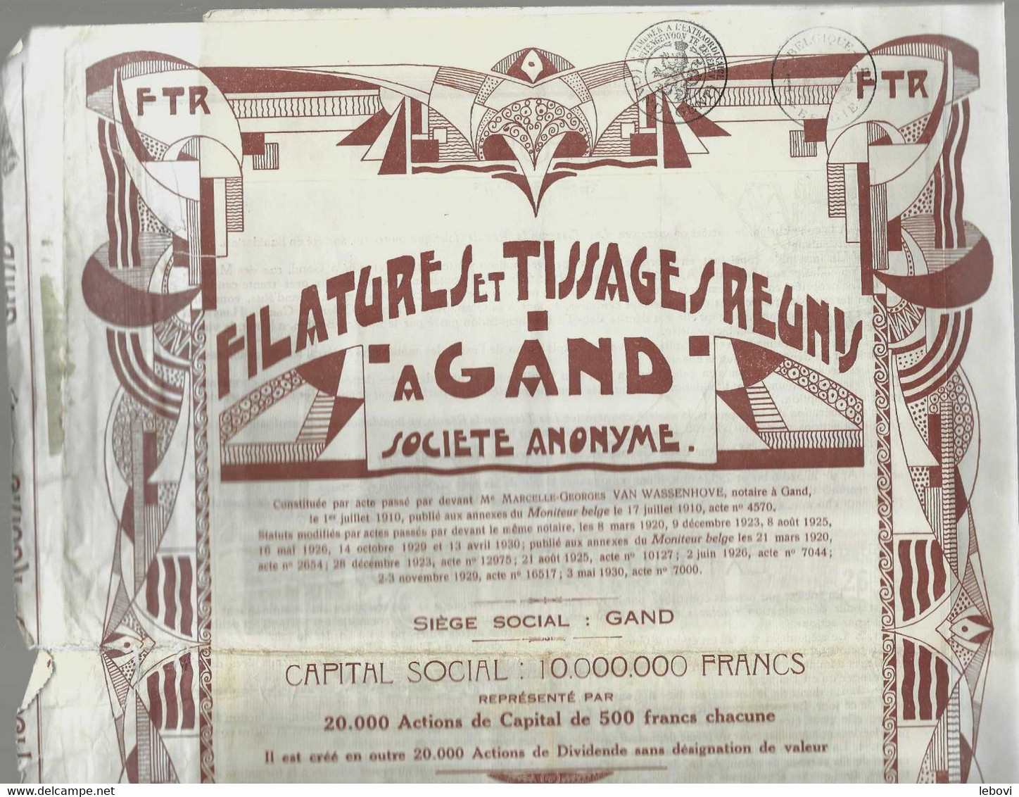 «Filatures Et Tissages Réunis à GAND Sa » - Action De Dividende – Siège Social : GAND - Textiel