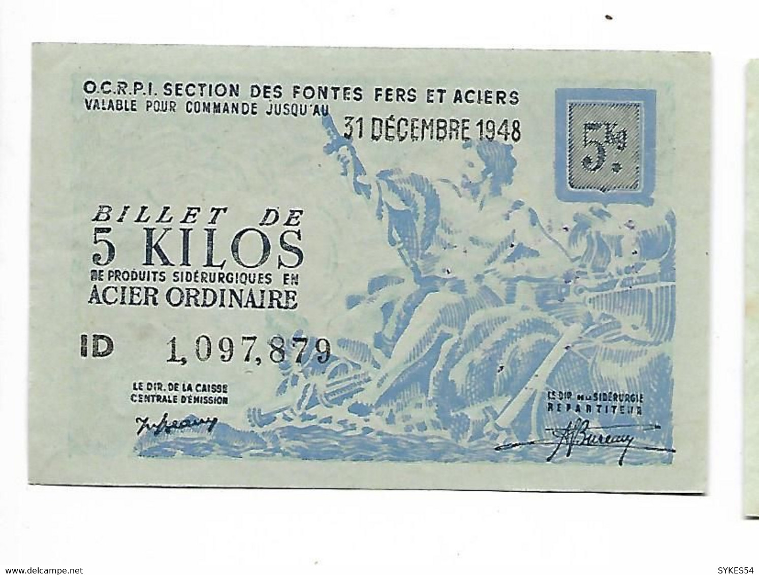 BILLET DIX KILOS ACIER ORDINAIRE / O.C.R.P.I. SECTION DES FONTES, FERS ET ACIERS - 31 DECEMBRE 1948 - Sonstige – Europa