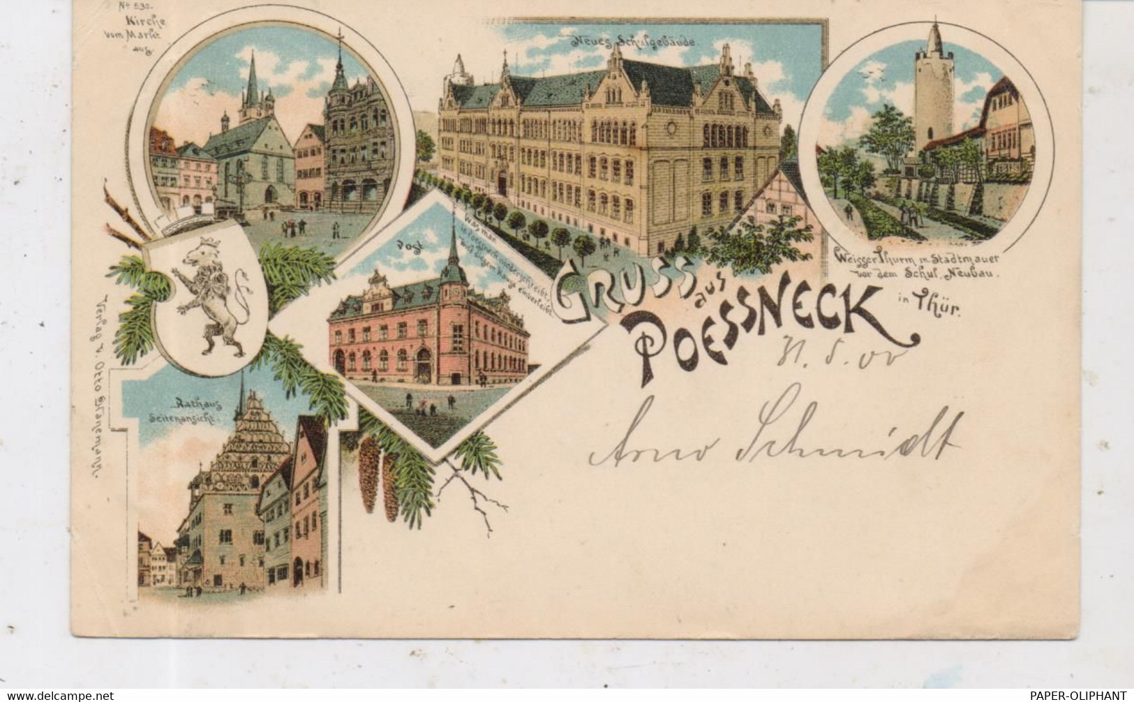 0-6840 PÖSSNECK, Lithographie,  Post, Schule, Rathaus..., Kl. Eckknick, 1900 - Poessneck