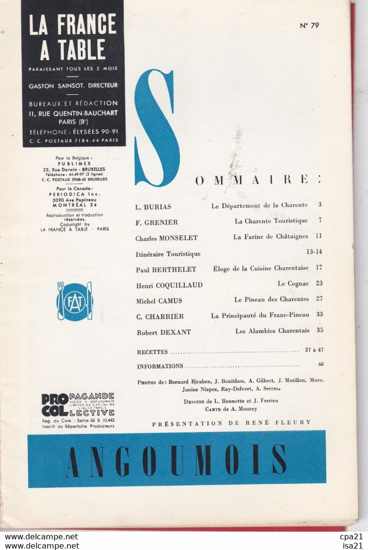 AUGOUMOIS  Revue LA FRANCE A TABLE N° 79 1959: La CHARENTE, Cuisine, Le Pineau, Les Alambics, Tourisme, Recettes ... - Cuisine & Vins