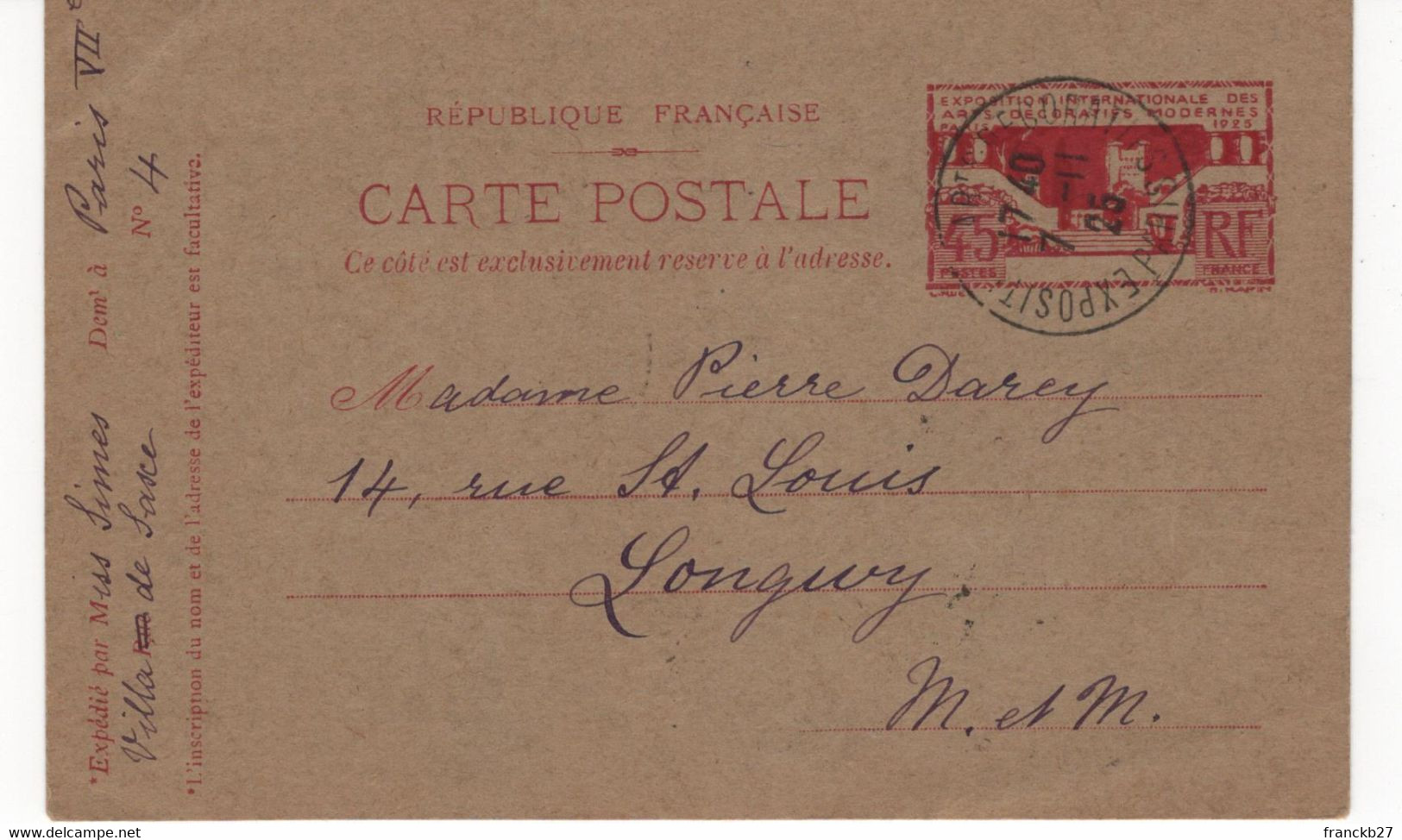 213 - CP1- Entier Postal 1925 - Exposition Internationale Des Arts Décoratifs De Paris - 45 C - Standard- Und TSC-AK (vor 1995)