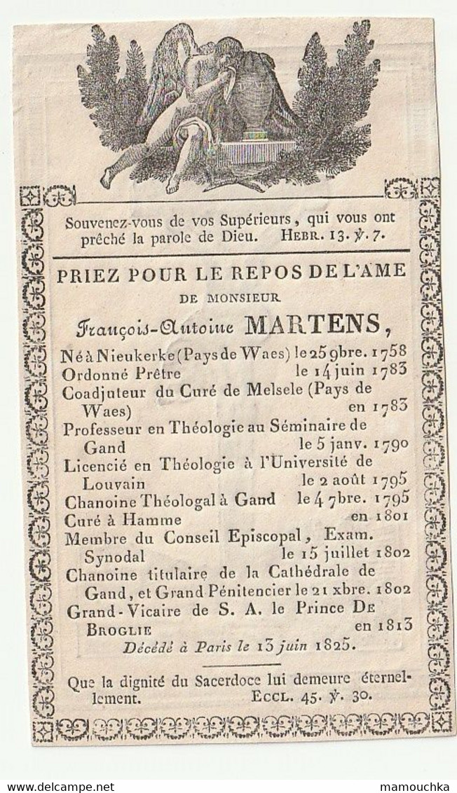 François Antoine MARTENS Nieukerke 1758 Priester Coadjuteur Melsele Gand Louvain Hamme Chanoine Grand Vicaire Paris 1825 - Devotieprenten