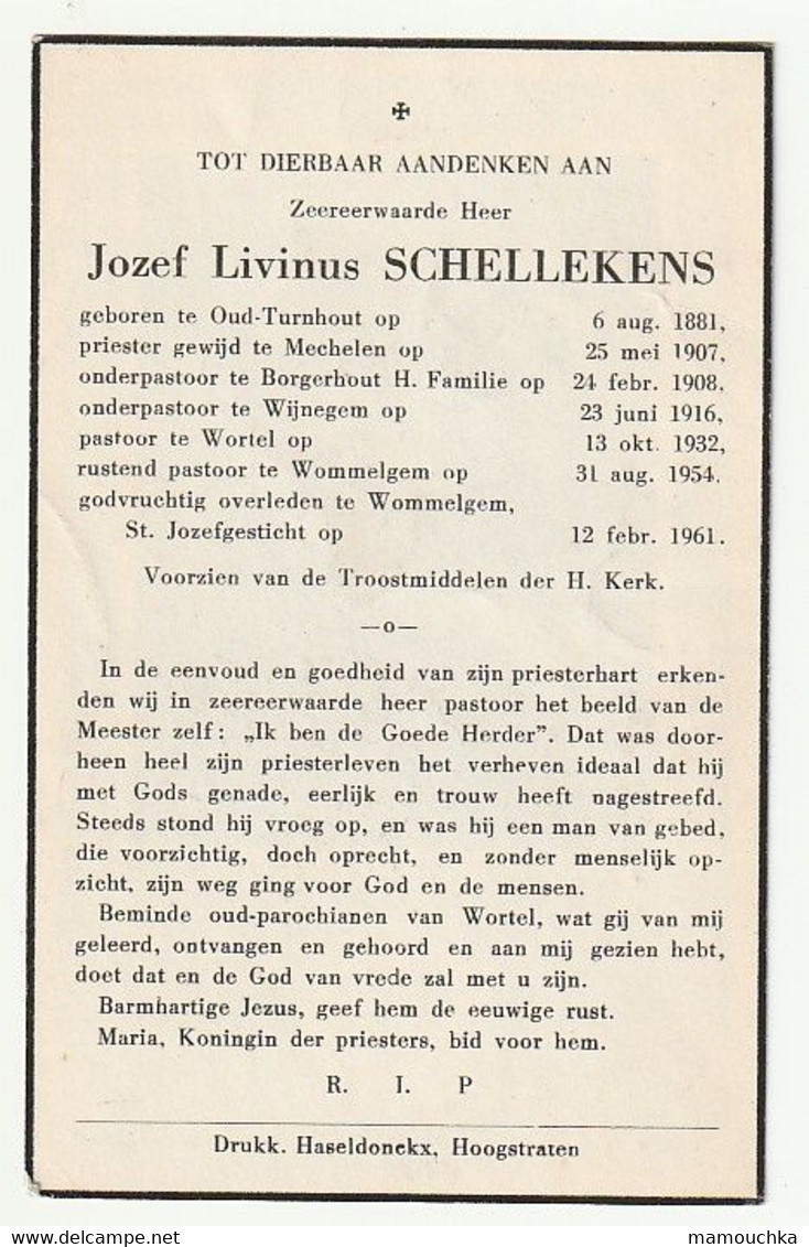 Doodsprentje Jozef Livinus SCHELLEKENS Oud-Turnhout 1881 Priester Mechelen Borgerhout Wijnegem Wortel Wommelgem 1961 - Images Religieuses