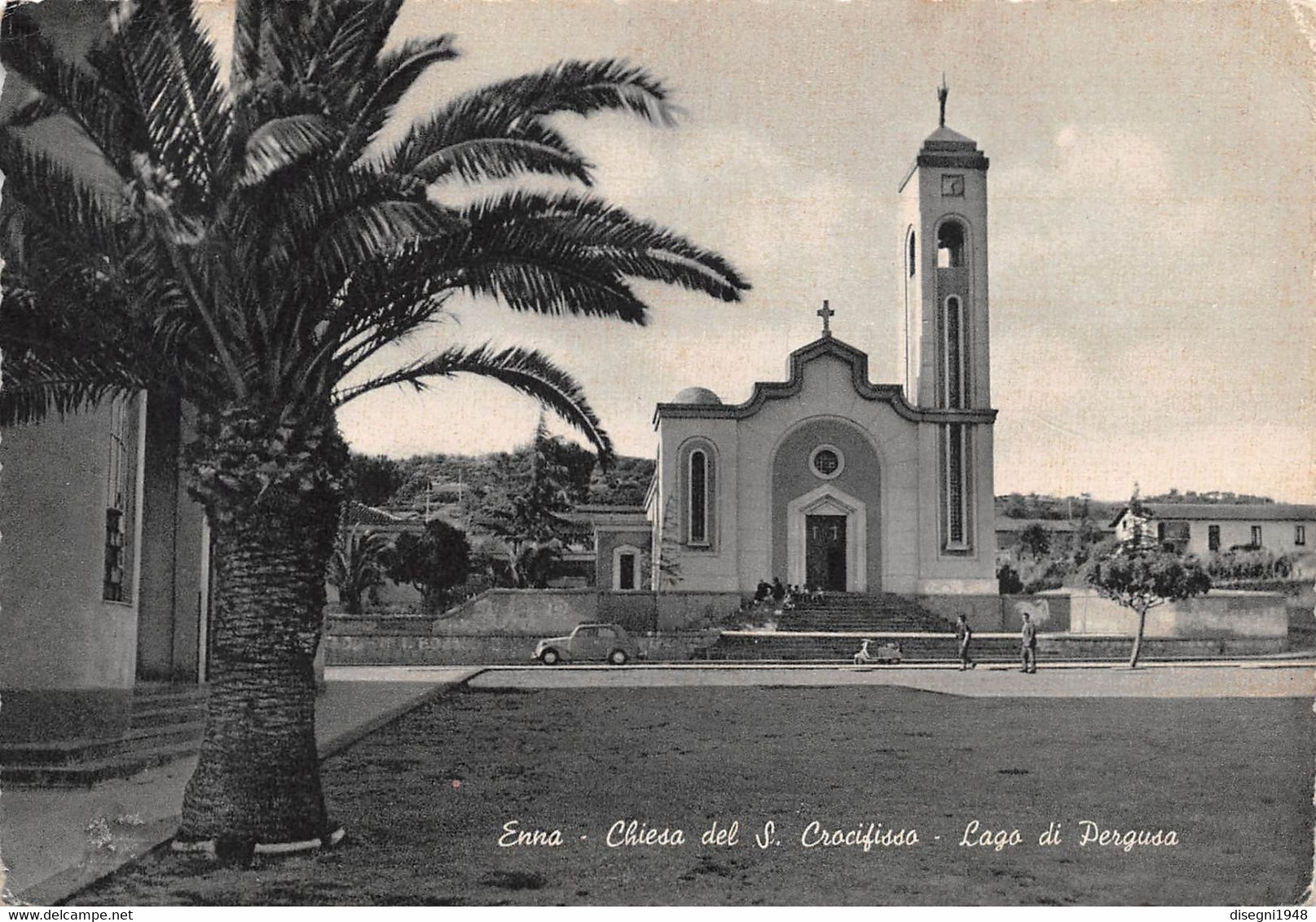 10514 "ENNA - CHIESA DI S. CROCIFISSO - LAGO DI PERGUSA"  ANIMATA, AUTO. CART SPED 1969 - Enna