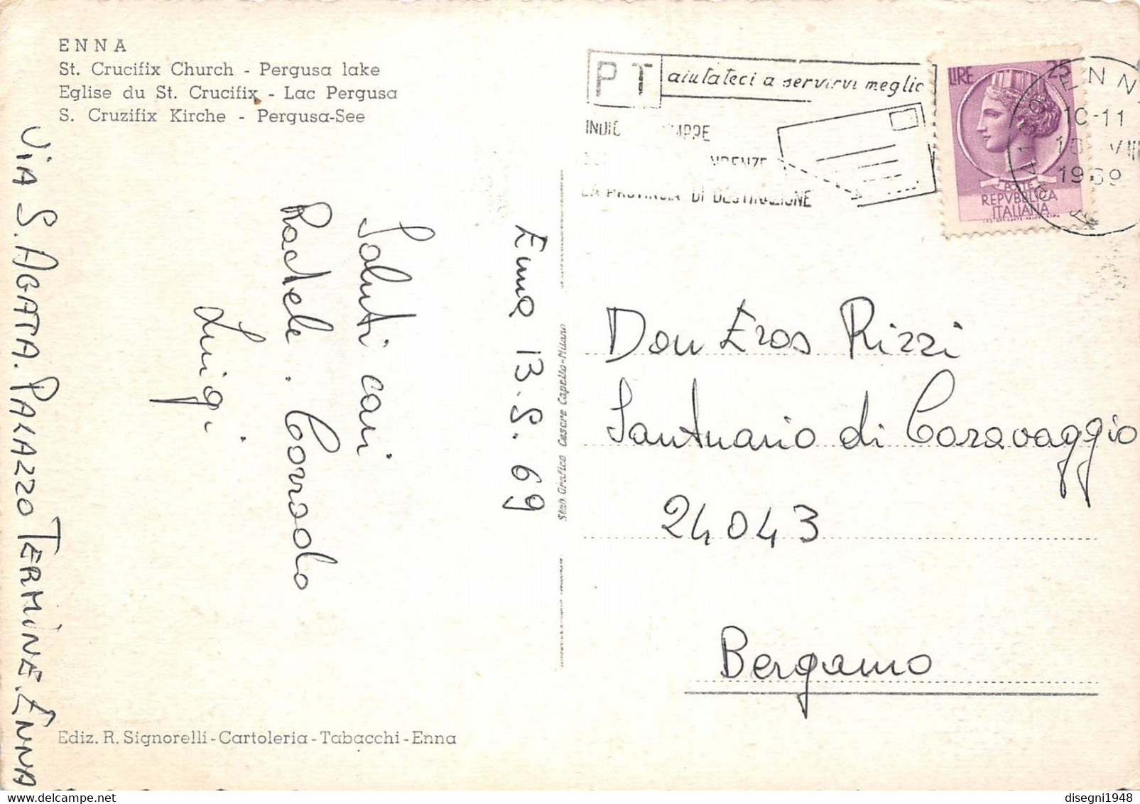 10514 "ENNA - CHIESA DI S. CROCIFISSO - LAGO DI PERGUSA"  ANIMATA, AUTO. CART SPED 1969 - Enna