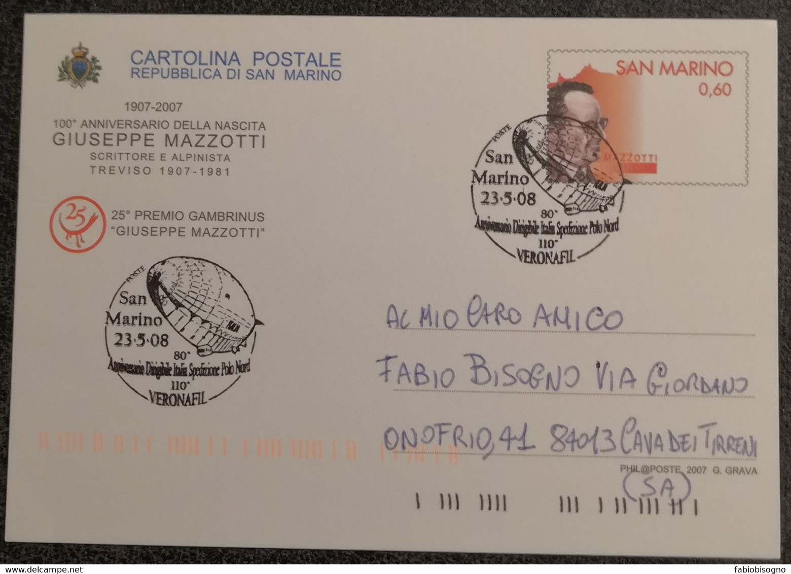 San MArino 23.5.2008 - MAZZOTTI € 0,60 - Cartolina Postale Viaggiata - Covers & Documents