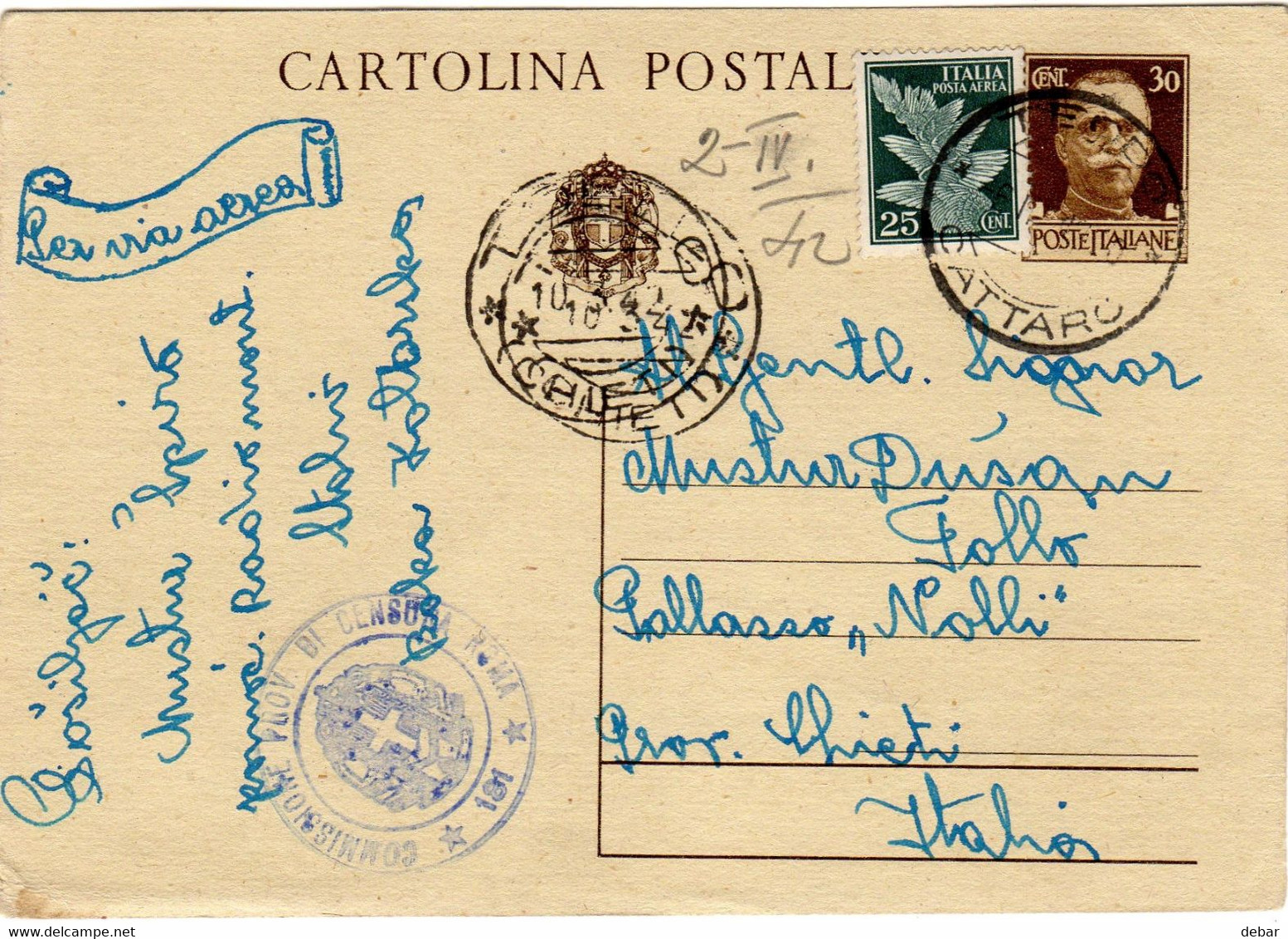 WW2 - ITALY OCCUPATION OF MONTENEGRO 1942- -STOLIVO - CATTARO - TOOLO CHIETI CENSURA - Montenegro