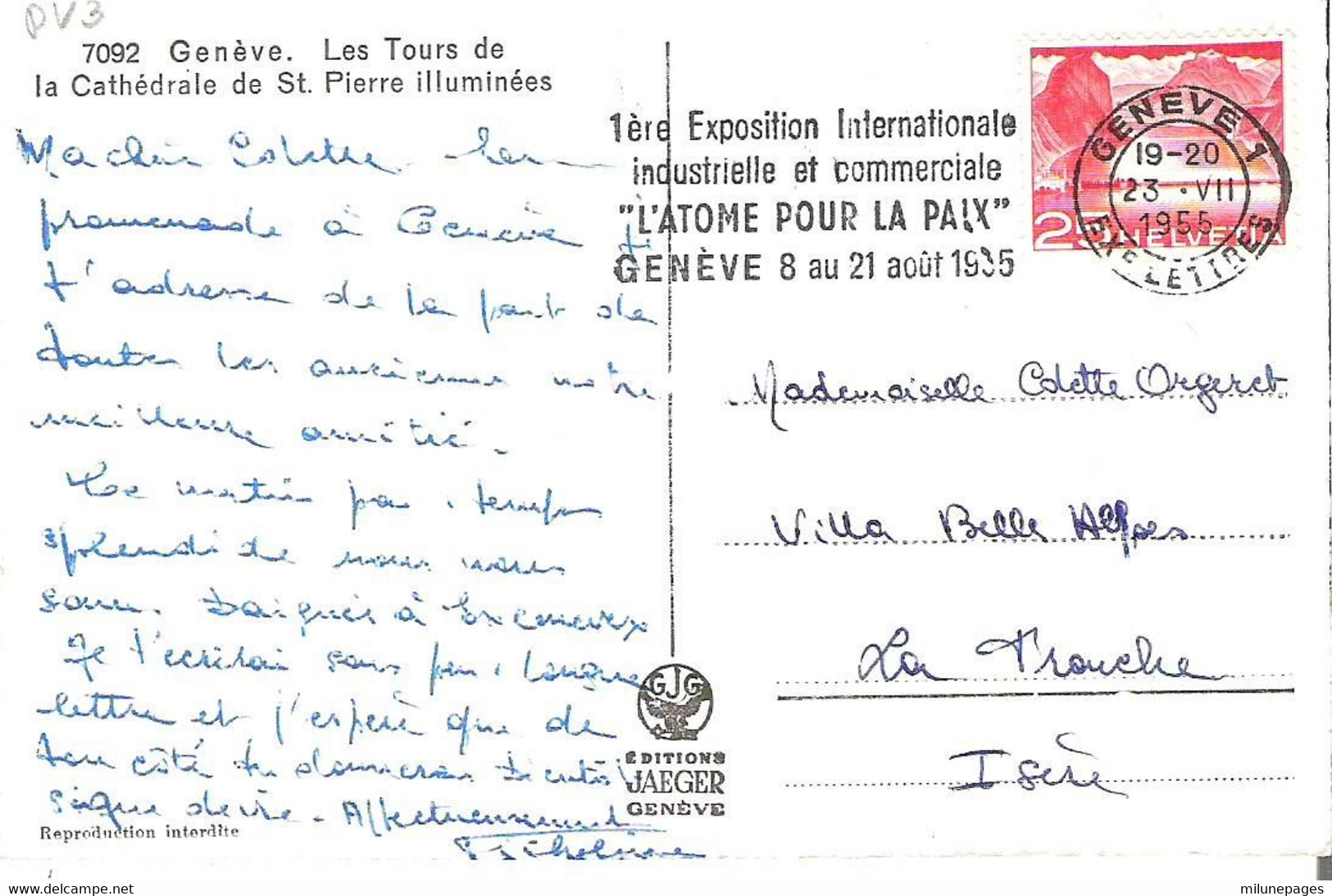 SUISSE GE Flamme Postale Exposition Internationale L'Atome Pour La Paix Aout 1955 Sur Carte Postale - Postage Meters