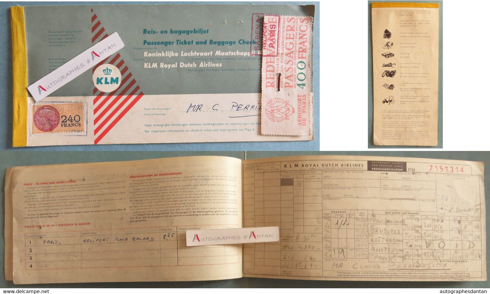 KLM 1959 Billet Ticket Claude Perrin + Timbre Fiscal 240F - Airlines - Vieux Papier Transport Aérien - Europa