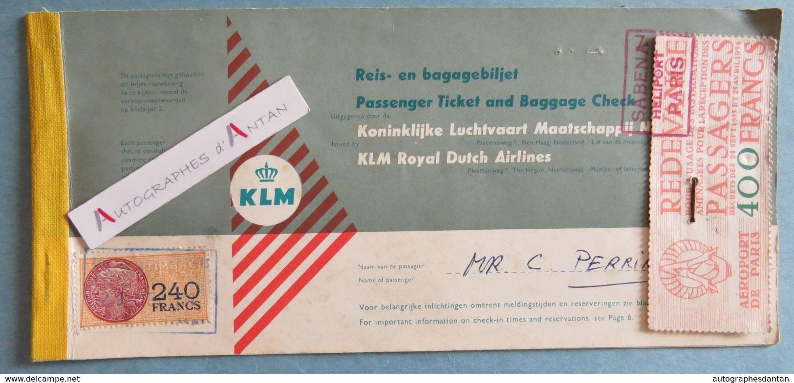 KLM 1959 Billet Ticket Claude Perrin + Timbre Fiscal 240F - Airlines - Vieux Papier Transport Aérien - Europa