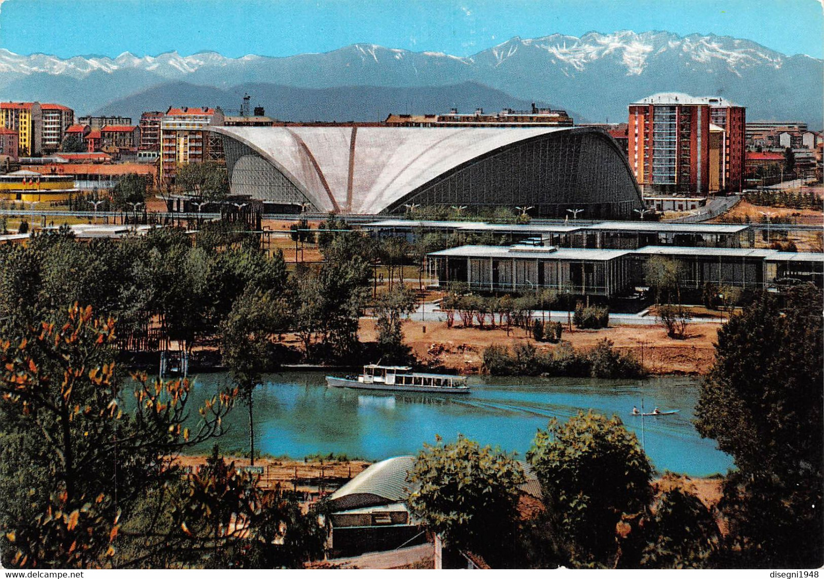 10525 "TORINO - ITALIA '61  - IL PALAZZO DELLE MOSTRE VISTO DALLA COLLINA"  BATTELLO, BARCA. CART NON SPED - Mostre, Esposizioni