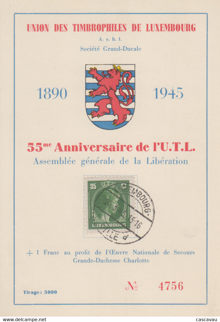 Carte  LUXEMBOURG   55éme  Anniversaire  De  L' U.T.L   1945 - Cartes Commémoratives