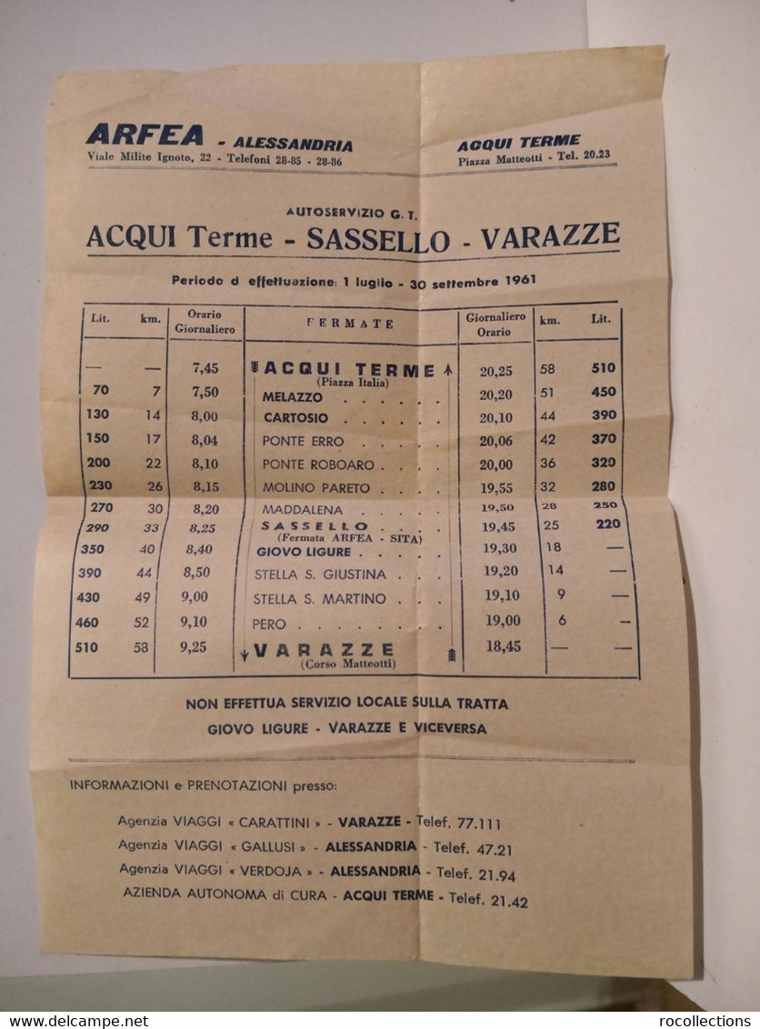 Italy Italia Orari Autoservizio ARFEA Alessandria. Acqui Terme Sassello Varazze 1961.Melazzo Cartosio Pero Giovi Ligure - Europe