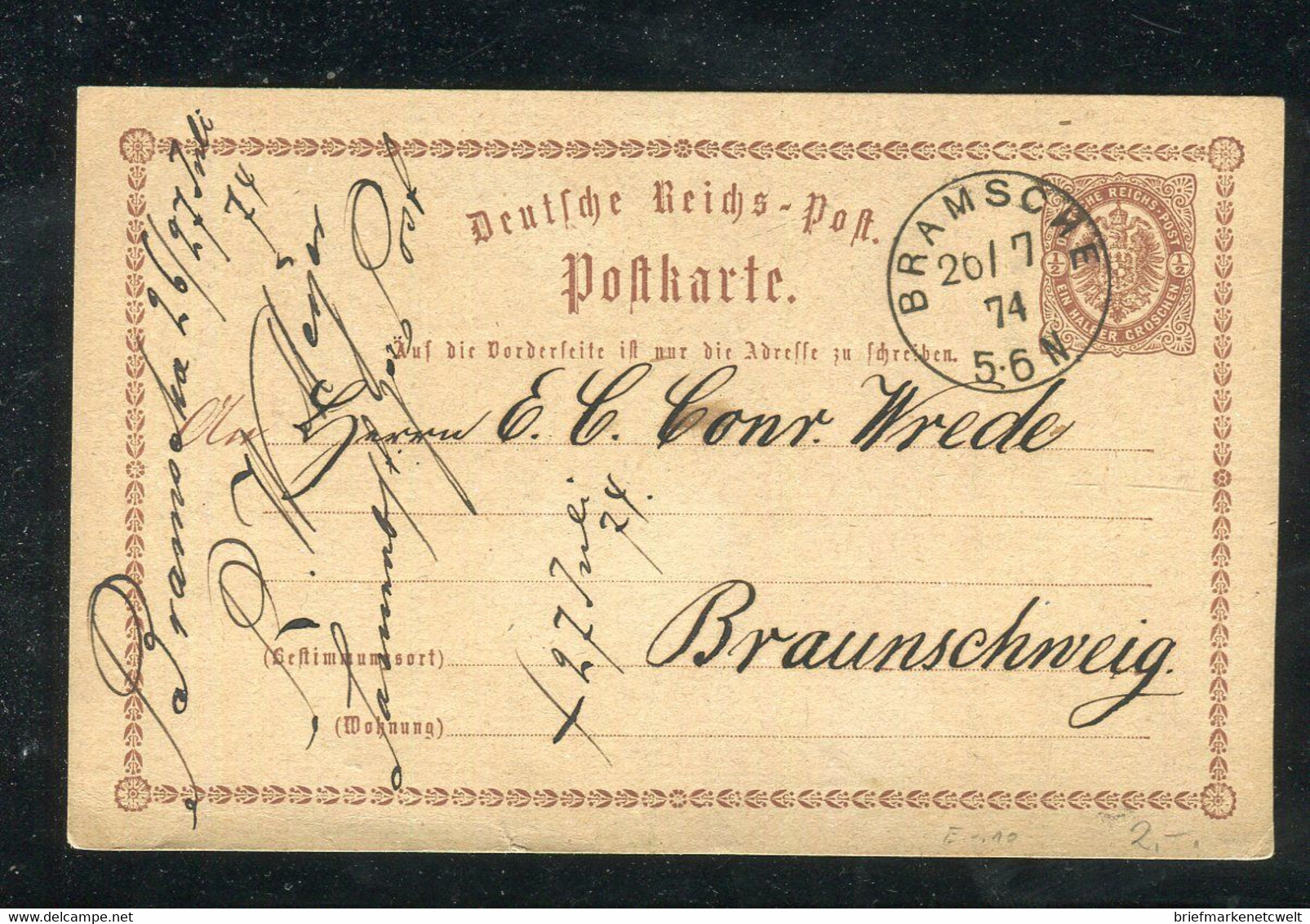 Deutsches Reich / 1874 / Postkarte K1-Stempel "BRAMSCHE" (5456) - Autres & Non Classés