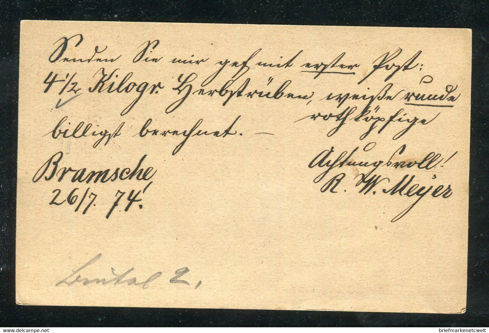 Deutsches Reich / 1874 / Postkarte K1-Stempel "BRAMSCHE" (5456) - Autres & Non Classés