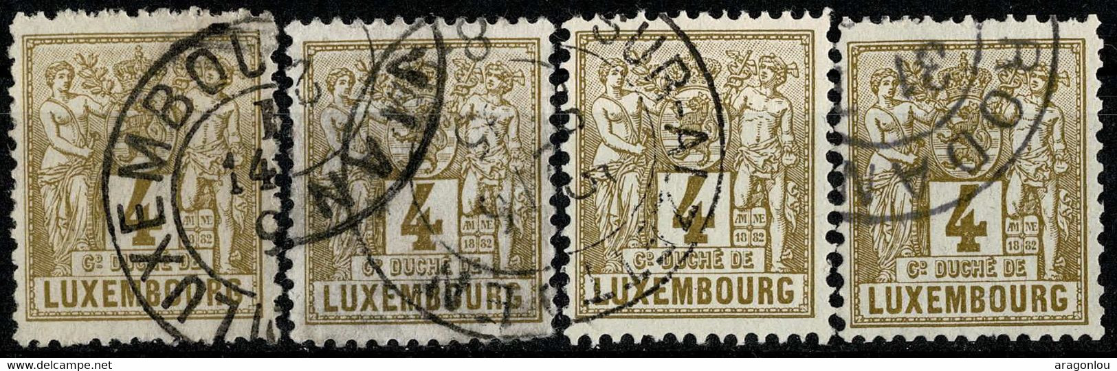 Luxembourg Luxemburg 1882  Allégorie  4x 4c. Dent.12 1/2, Cachets Luxembourg,Vianden,Esch/Alzette,Roodt - 1882 Allégorie