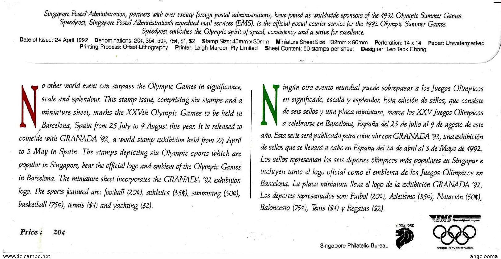 SINGAPORE - 1992 XXV Giochi Olimpici Olympic Games Barcellona Foglietto E Annullo (fiaccola Olimpica) Su Busta Fdc -8241 - Ete 1992: Barcelone