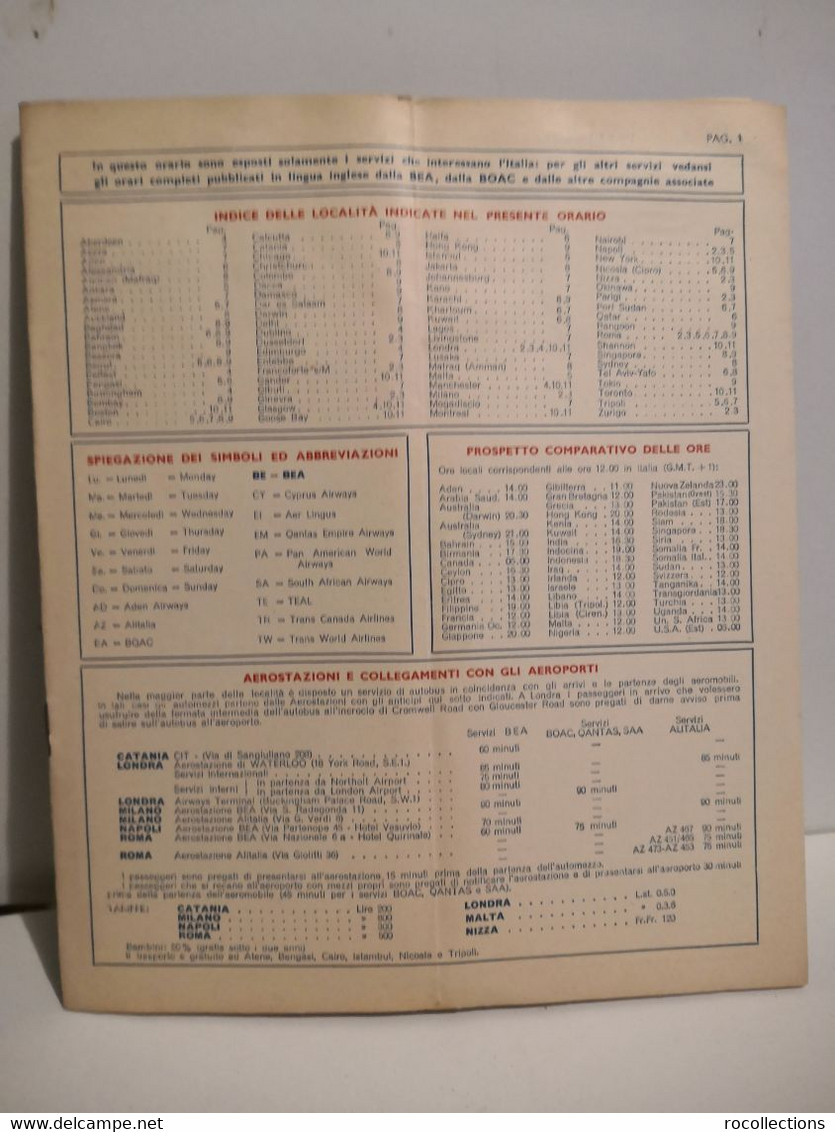 Orario Timetable BRITISH EUROPEAN AIRWAYS Settembre 1954 BEA Servizi Aerei - Europa