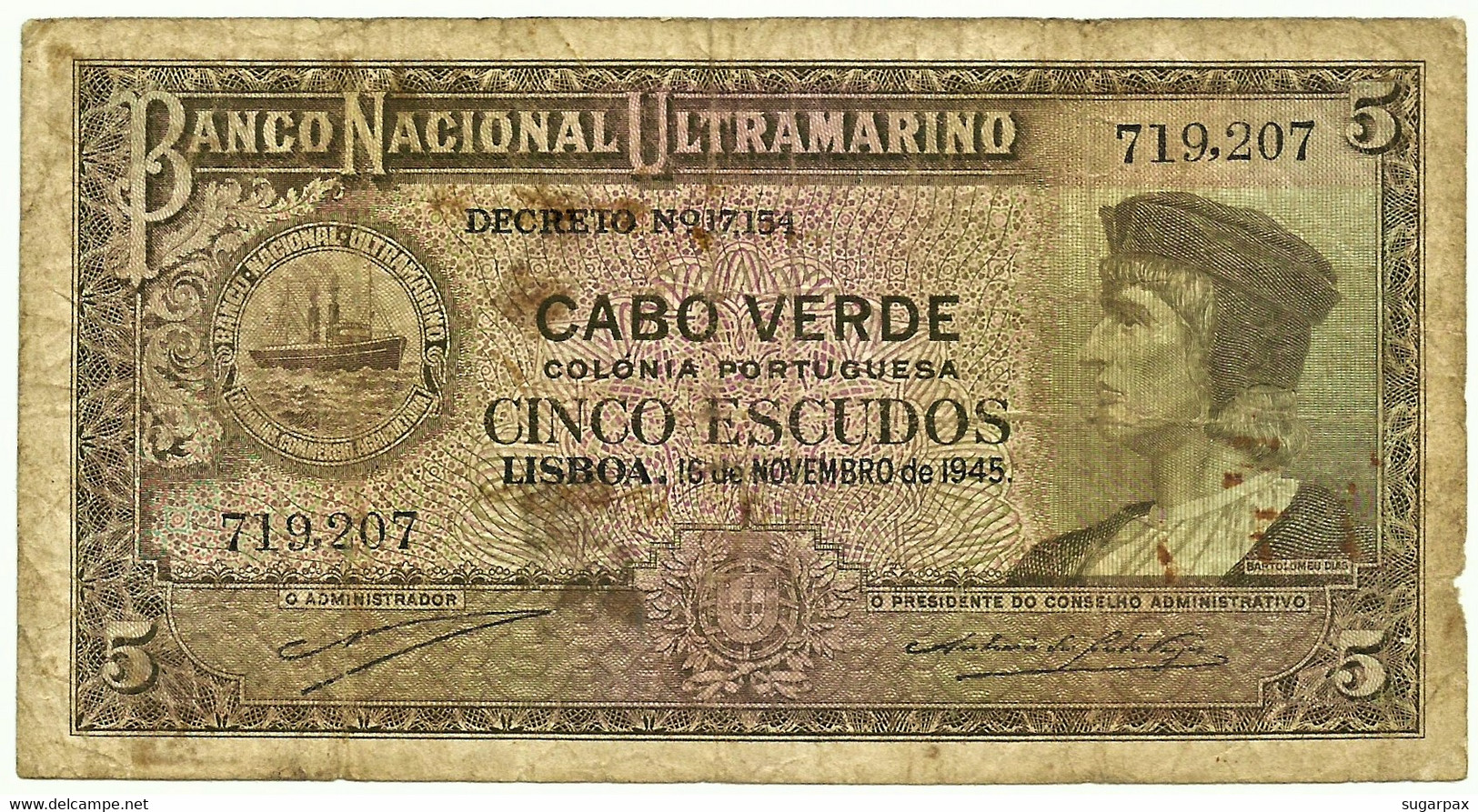 CAPE VERDE - 5 ESCUDOS - 15.11.1945 - Pick 41 - Bartolomeu Dias - Cabo Verde