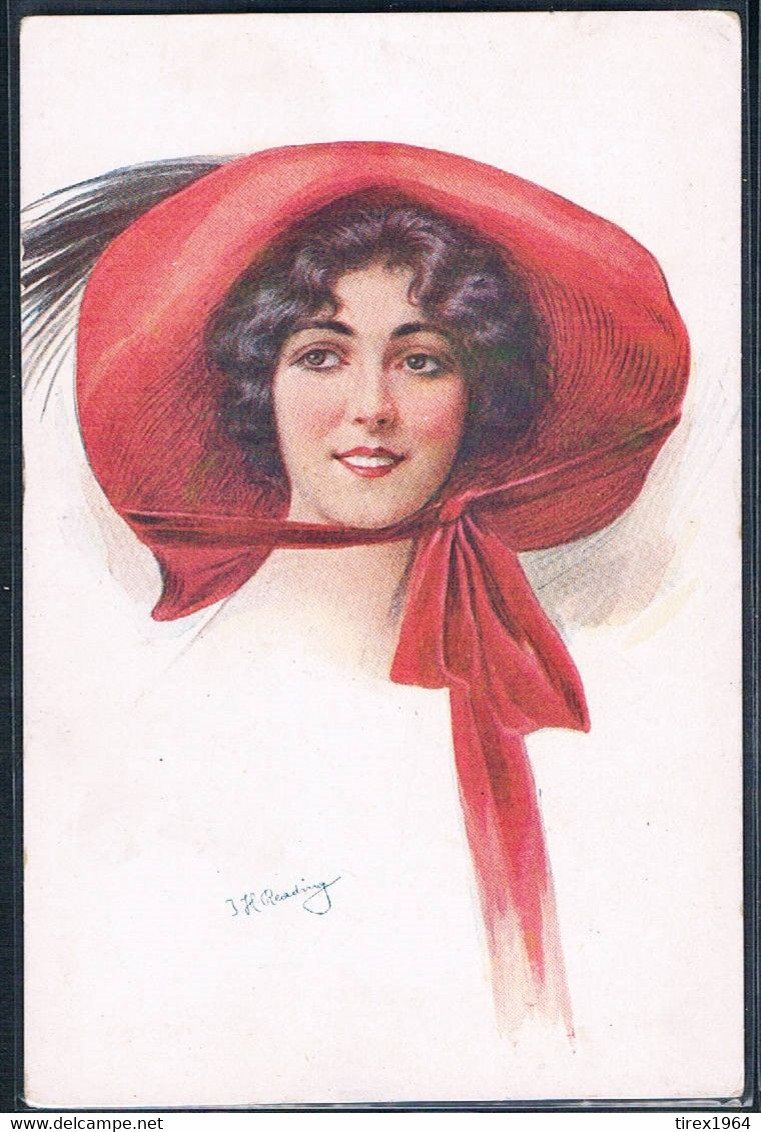 S127 ART DECO A/s READING Portrait De FEMME GRAND CHAPEAU ROUGE BEAUTIFUL LADY LARGE RED HAT - Reading