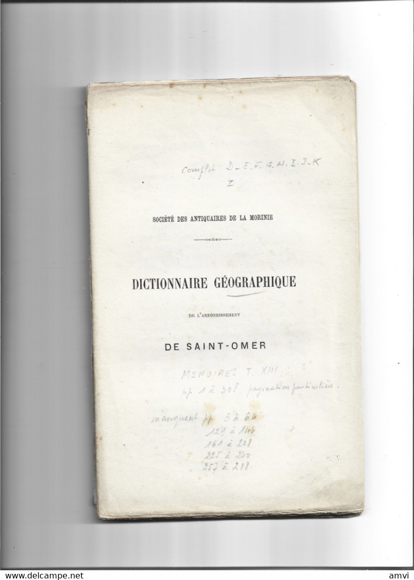 ( Cag001) Rare ‎Aimé Courtois Dictionnaire Géographique Ed Saint Omer - Manquent Des Pages - Picardie - Nord-Pas-de-Calais